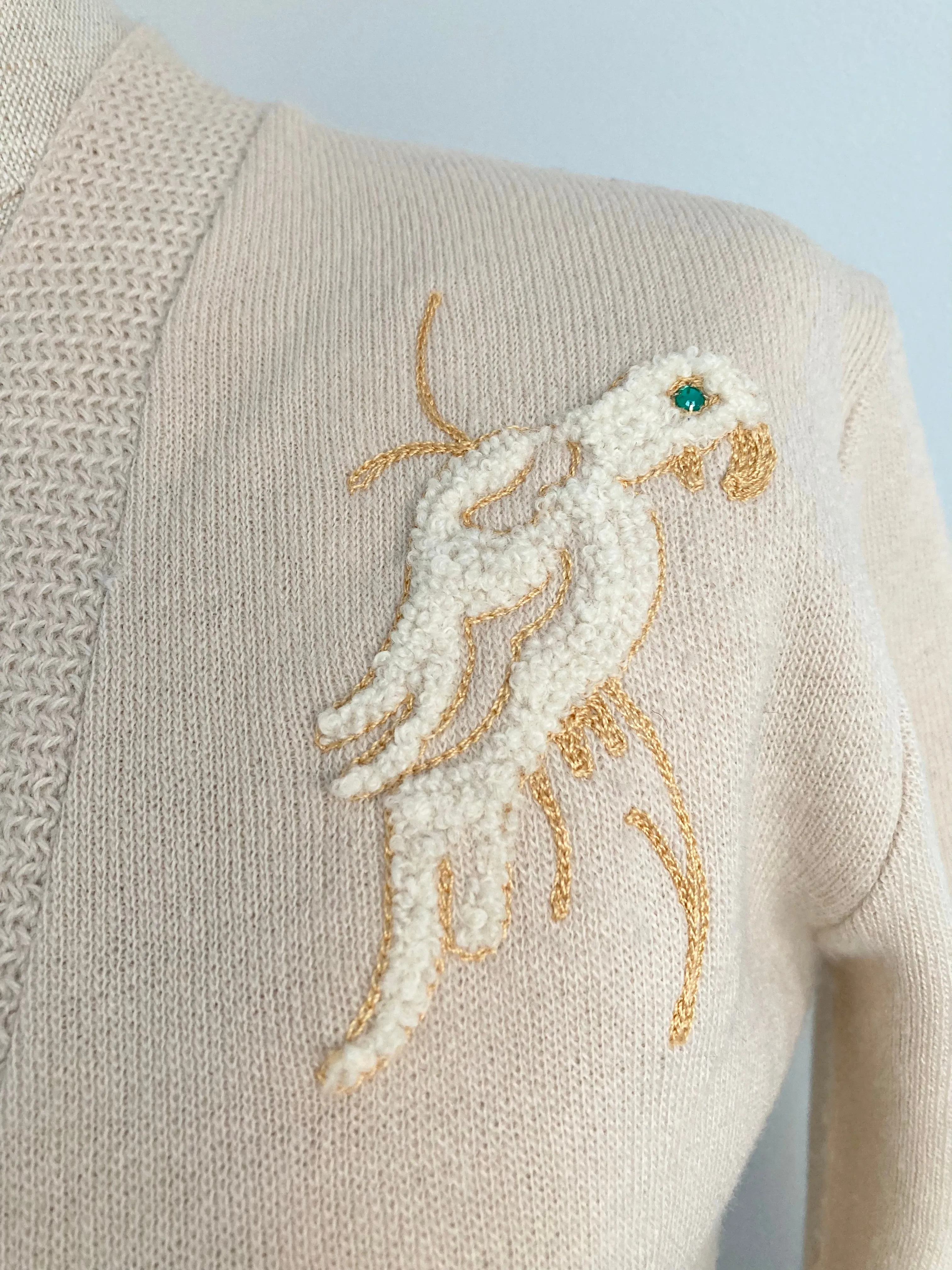 Midcentury Orlon Cardigan with Embroidered Parrot, Size XS/S