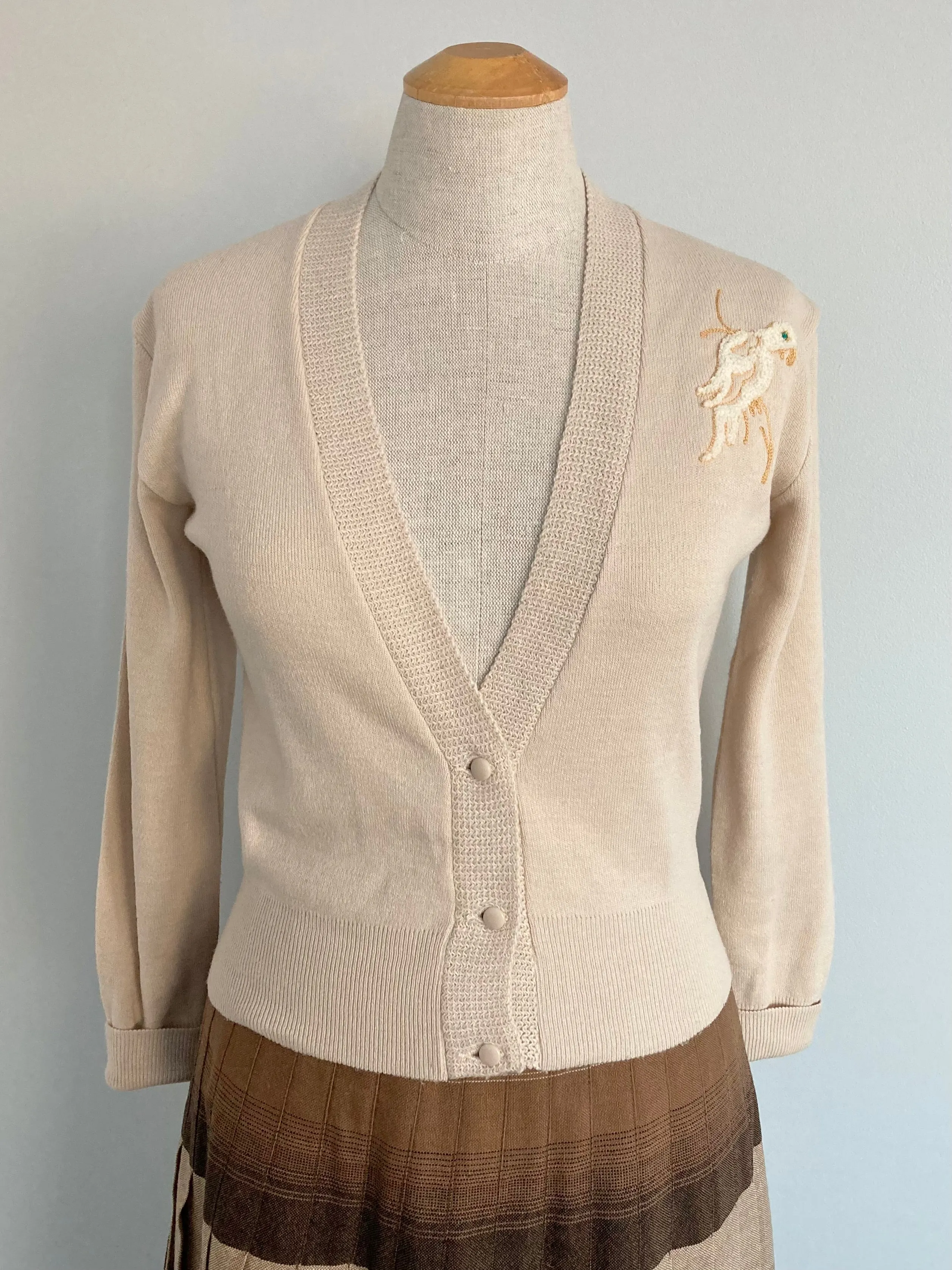 Midcentury Orlon Cardigan with Embroidered Parrot, Size XS/S