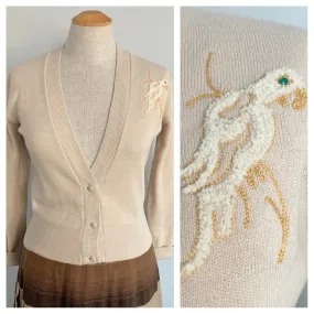 Midcentury Orlon Cardigan with Embroidered Parrot, Size XS/S