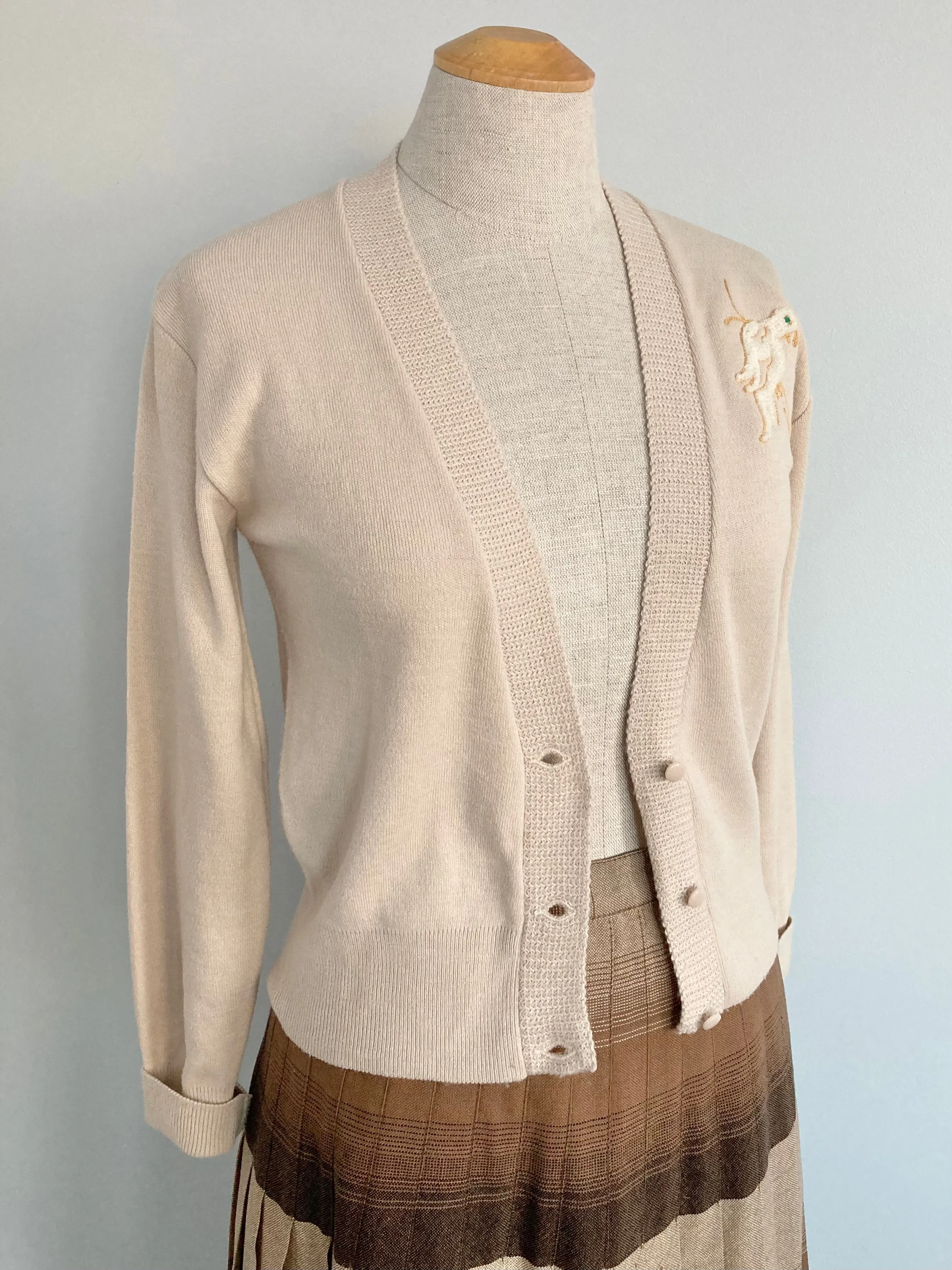 Midcentury Orlon Cardigan with Embroidered Parrot, Size XS/S