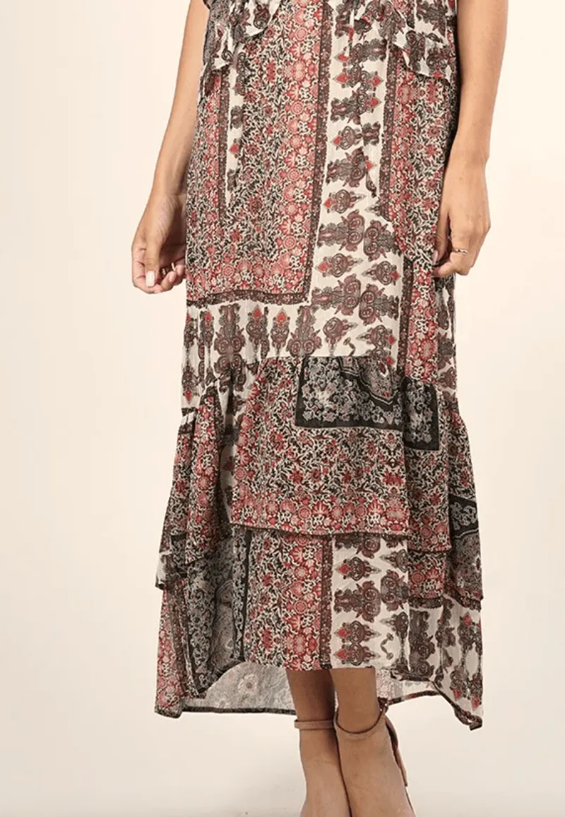Mixed floral ruffle metallic print dress LS 71560WL