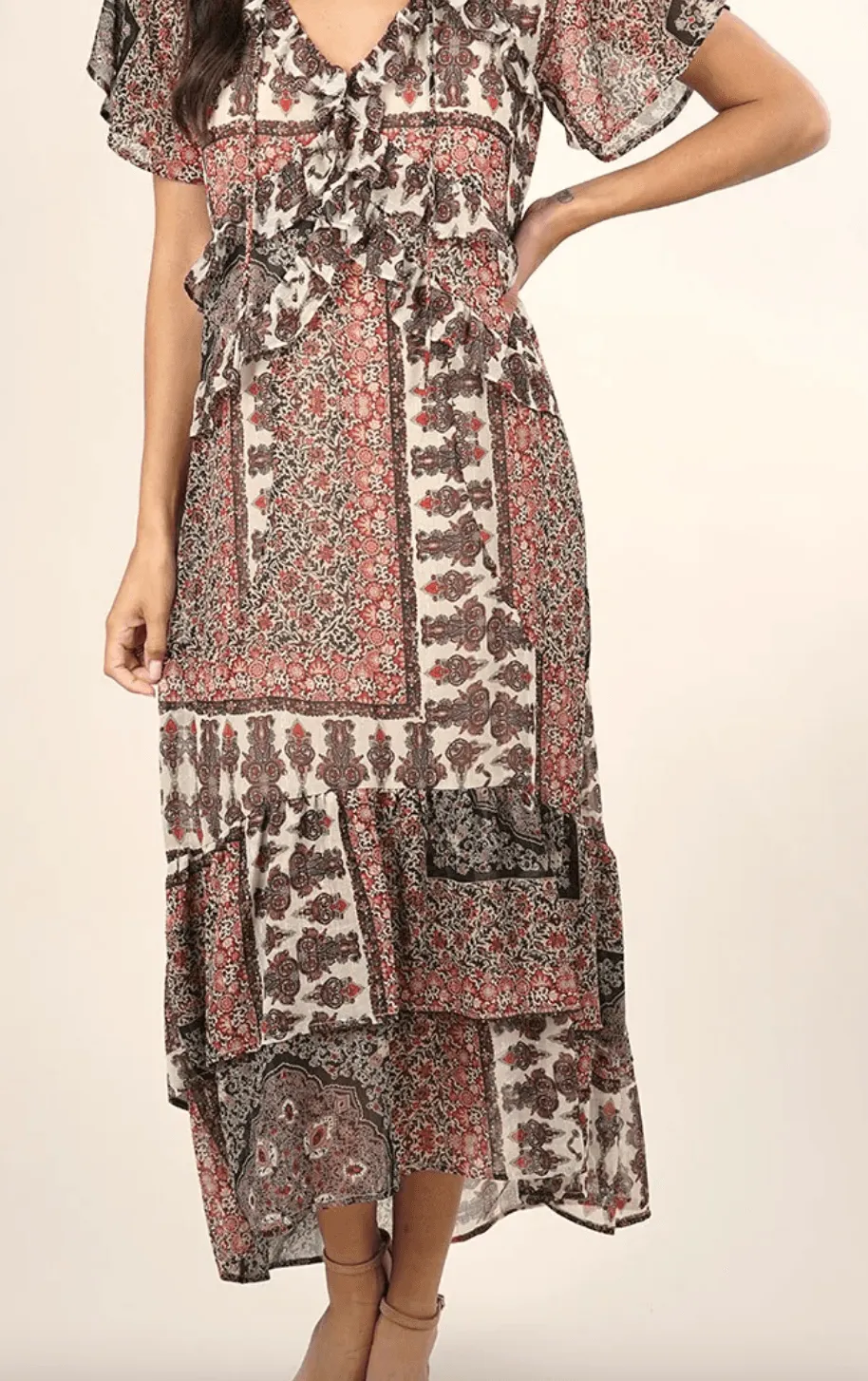 Mixed floral ruffle metallic print dress LS 71560WL
