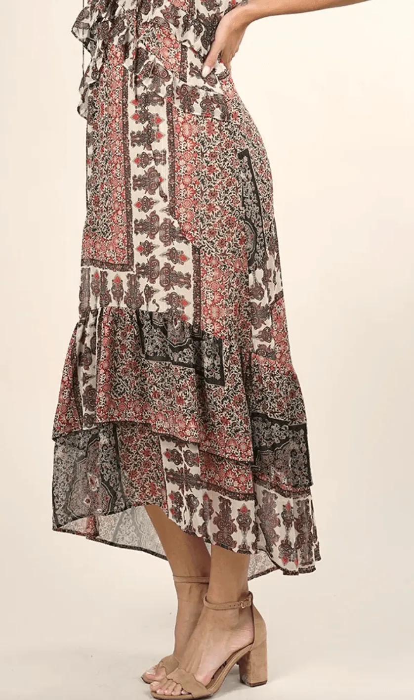 Mixed floral ruffle metallic print dress LS 71560WL