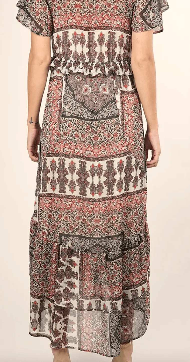 Mixed floral ruffle metallic print dress LS 71560WL