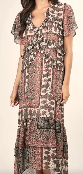 Mixed floral ruffle metallic print dress LS 71560WL