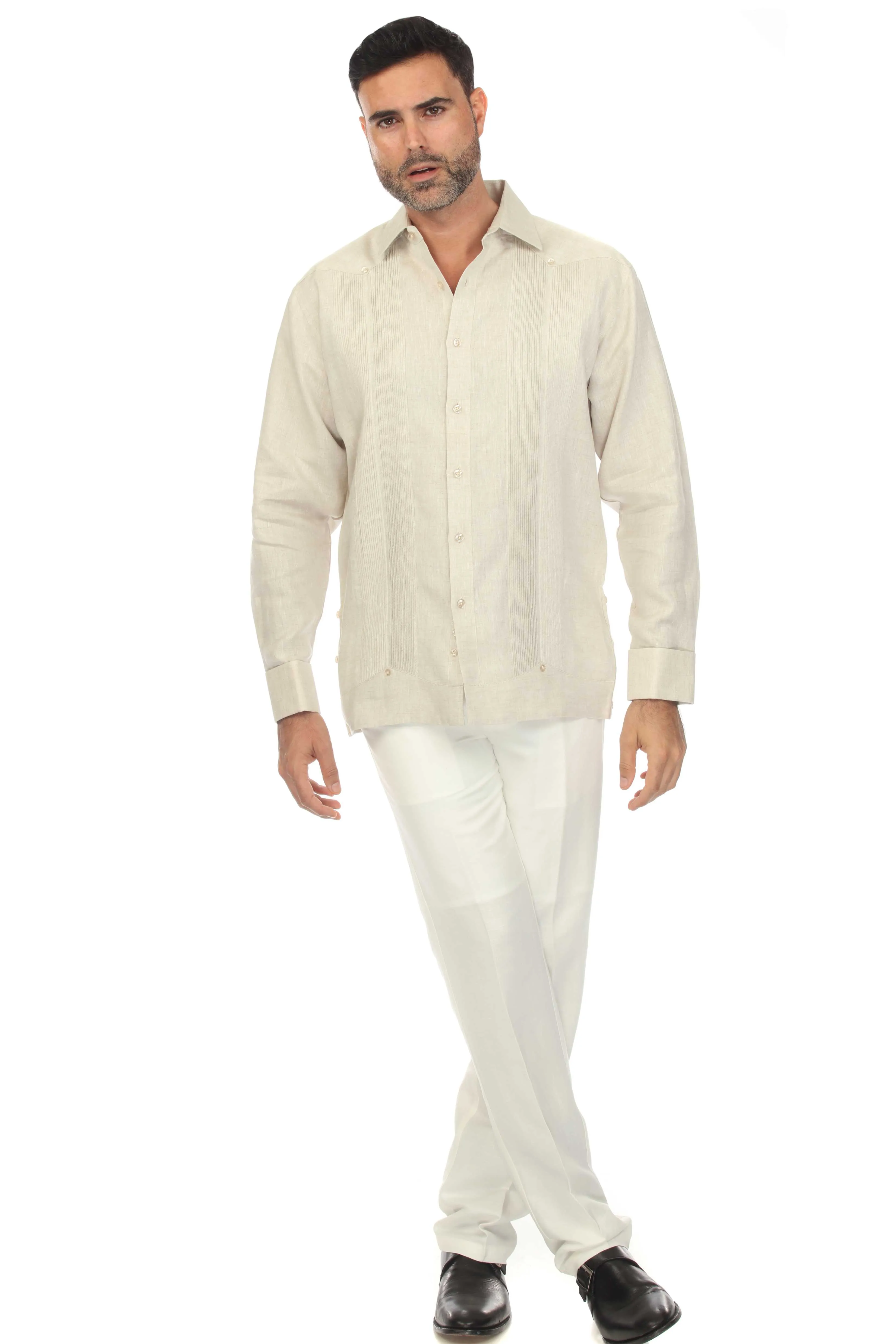 Mojito Collection Men's 100% Linen Guayabera Chacabana Shirt Long Sleeve with French Cuff and Pleating Accent