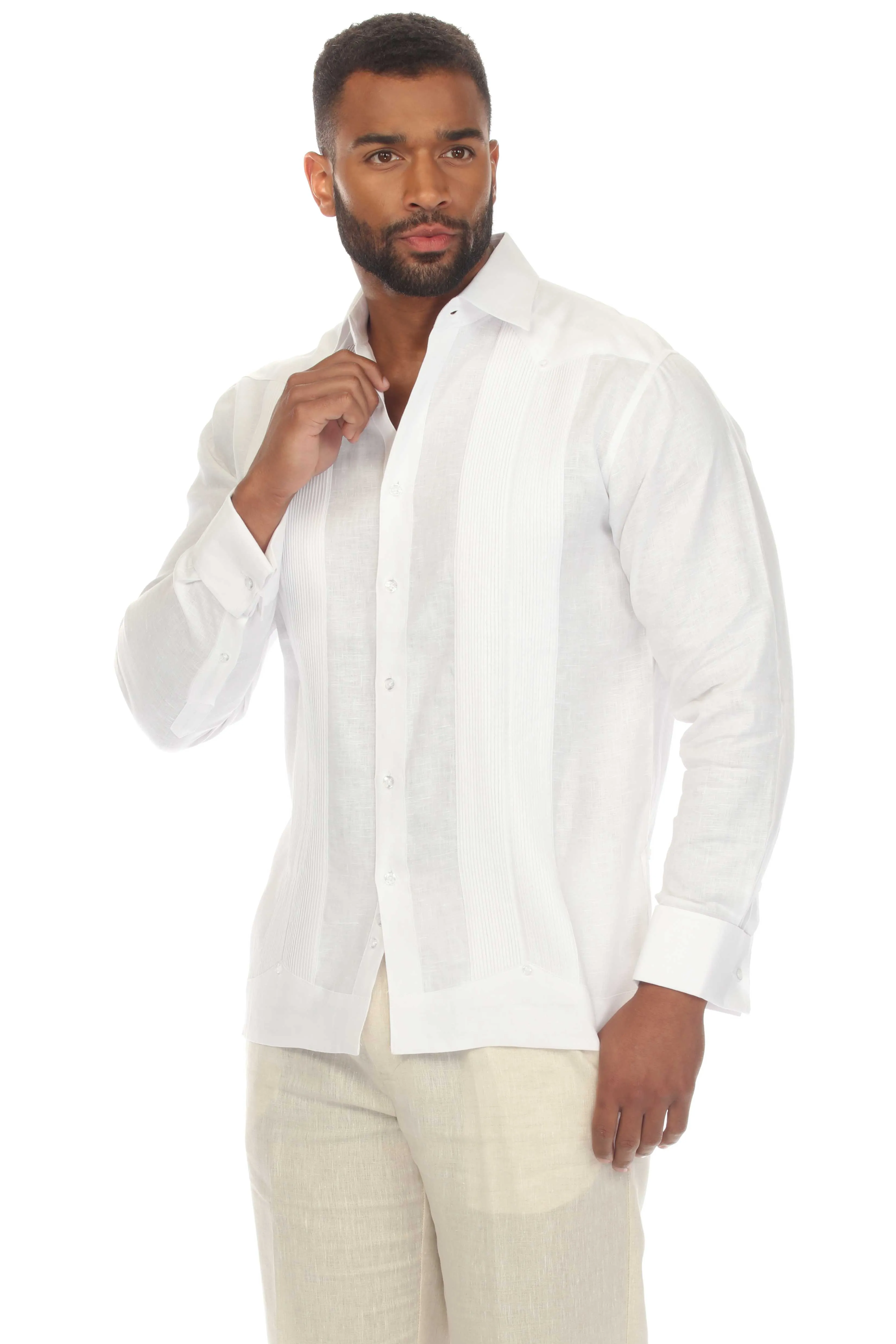 Mojito Collection Men's 100% Linen Guayabera Chacabana Shirt Long Sleeve with French Cuff and Pleating Accent