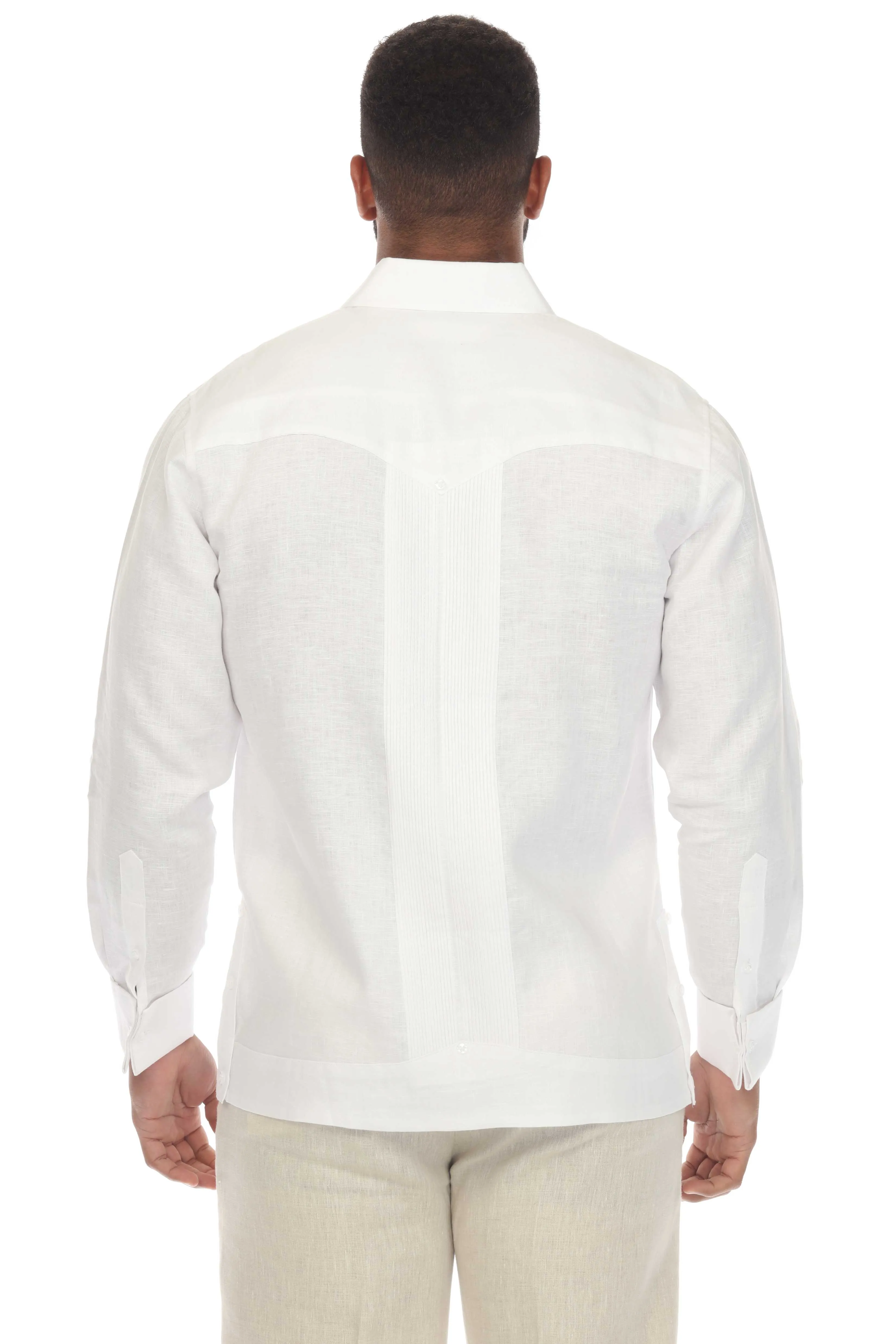Mojito Collection Men's 100% Linen Guayabera Chacabana Shirt Long Sleeve with French Cuff and Pleating Accent