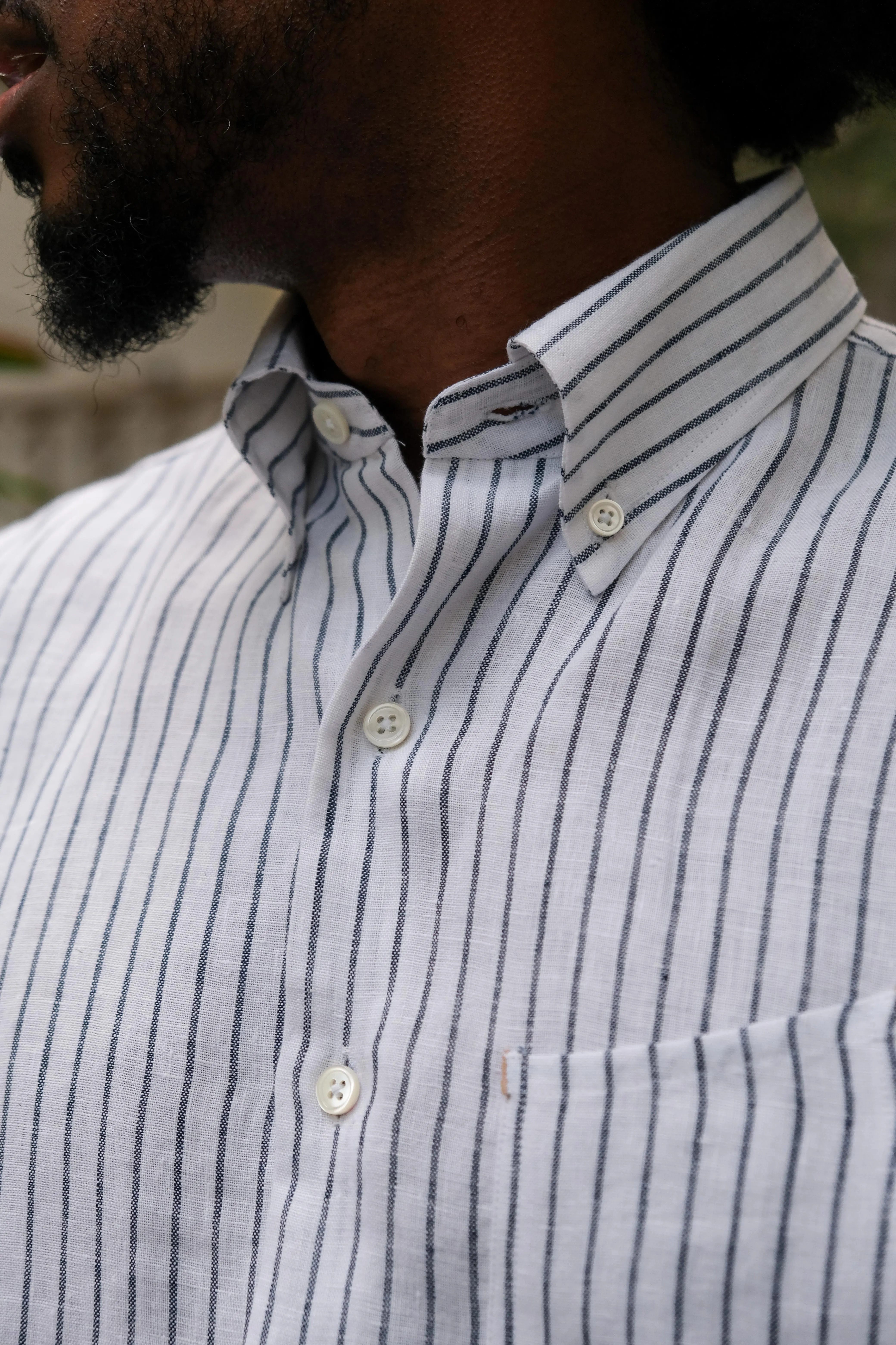 Navy Stripe Linen Button-down Shirt