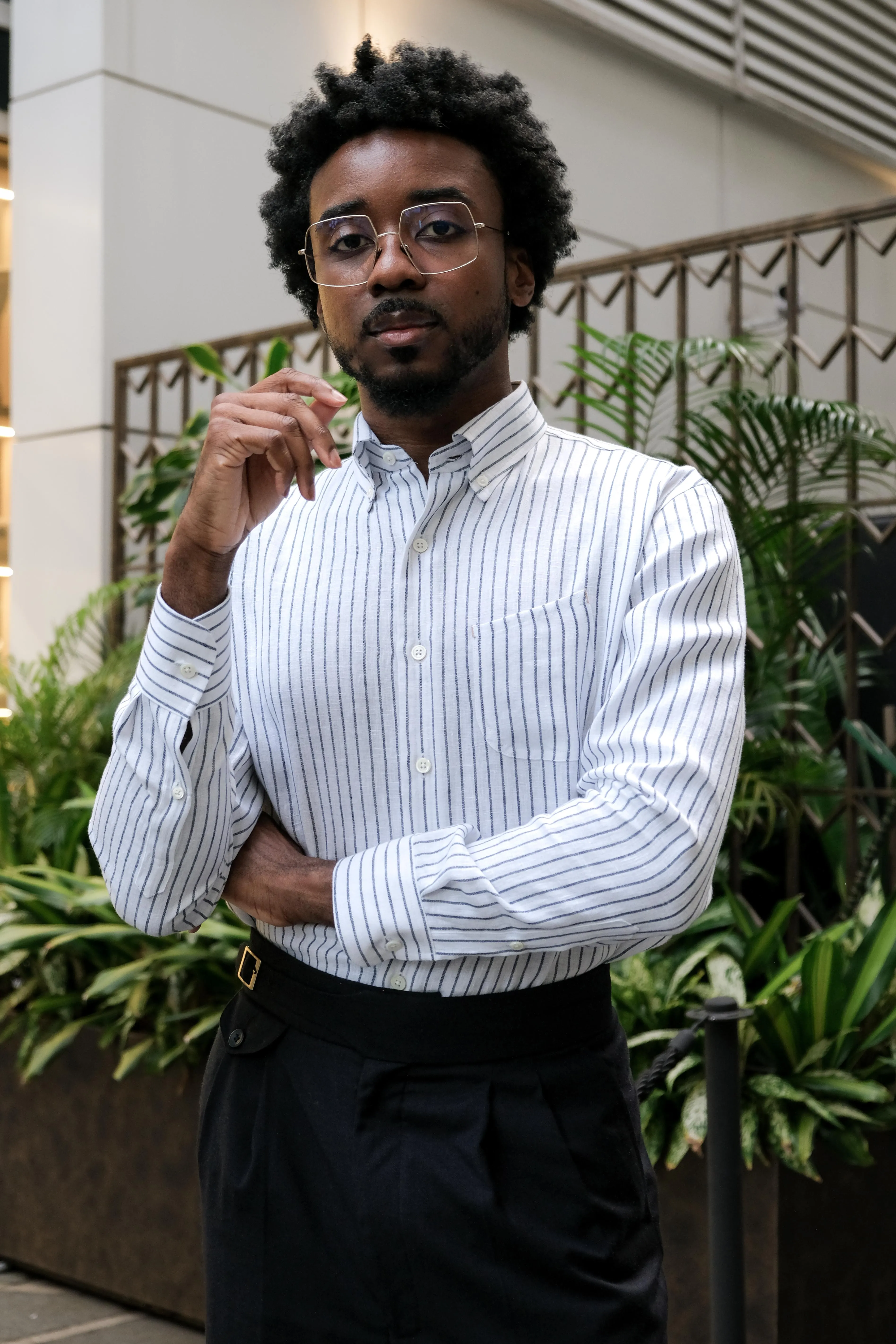 Navy Stripe Linen Button-down Shirt
