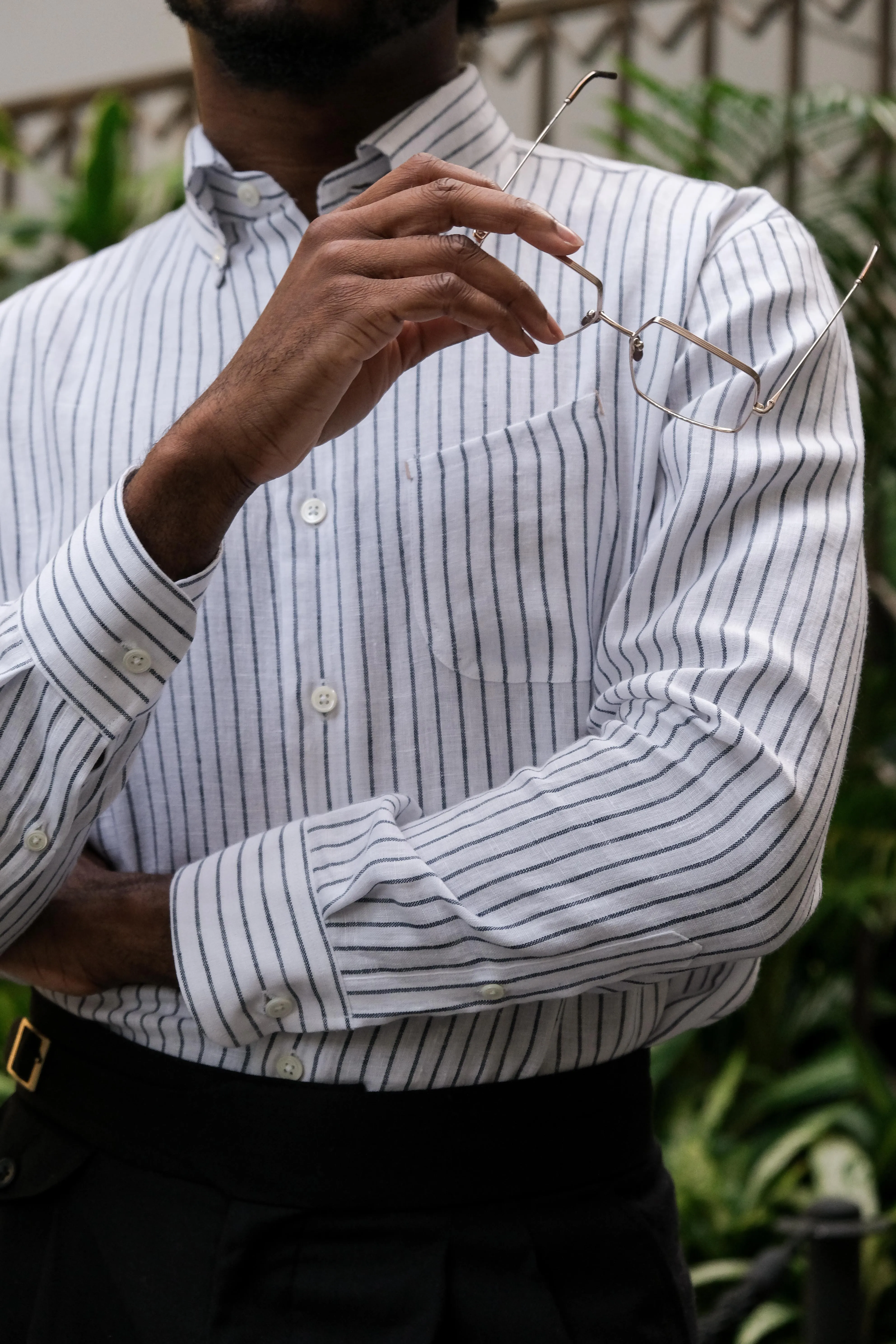 Navy Stripe Linen Button-down Shirt