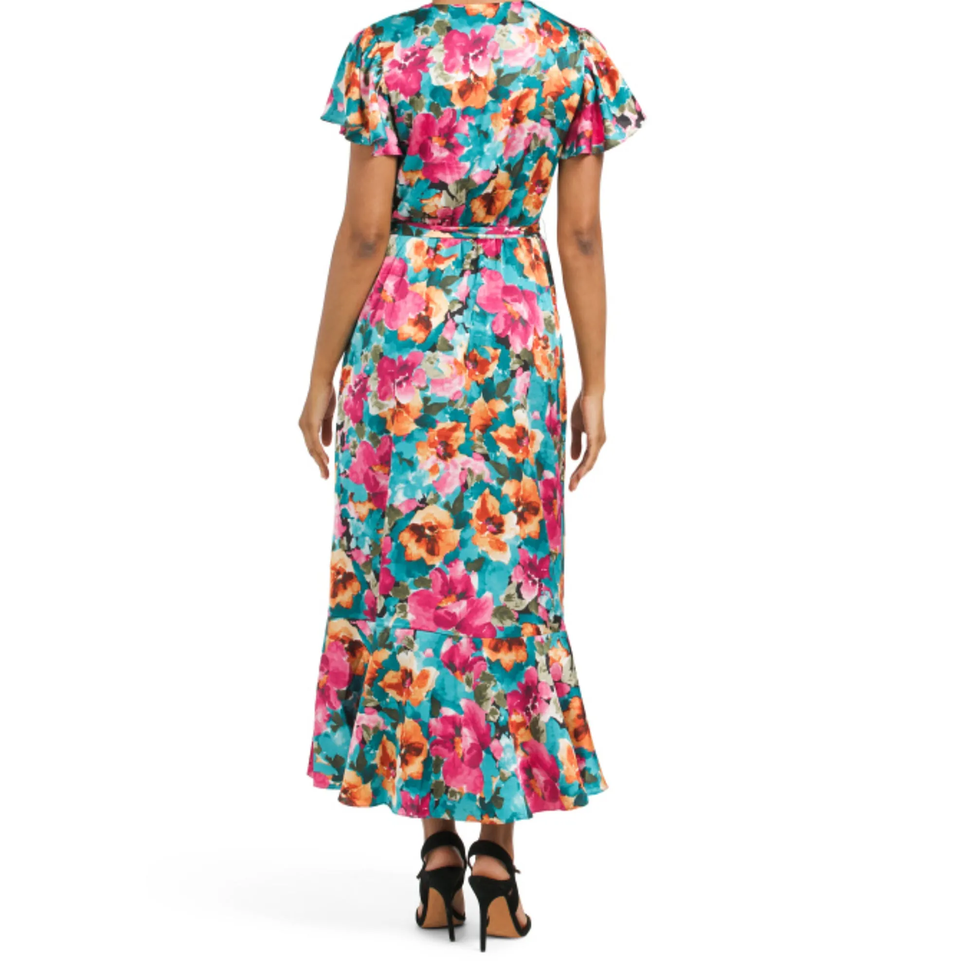 Nicole Miller Women's Floral Print Satin Asymmetrical Ruffle Front Wrap Midi Dress