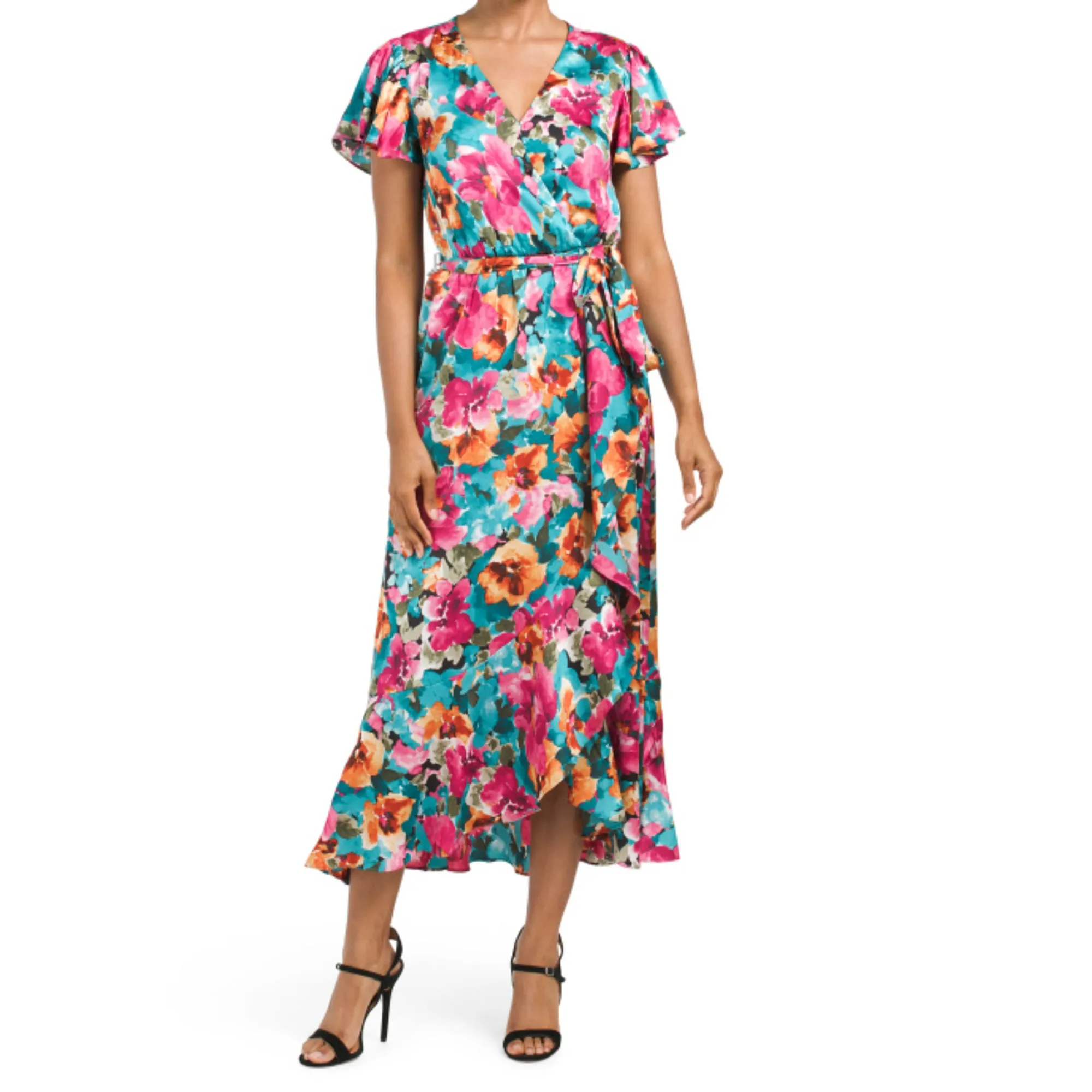 Nicole Miller Women's Floral Print Satin Asymmetrical Ruffle Front Wrap Midi Dress