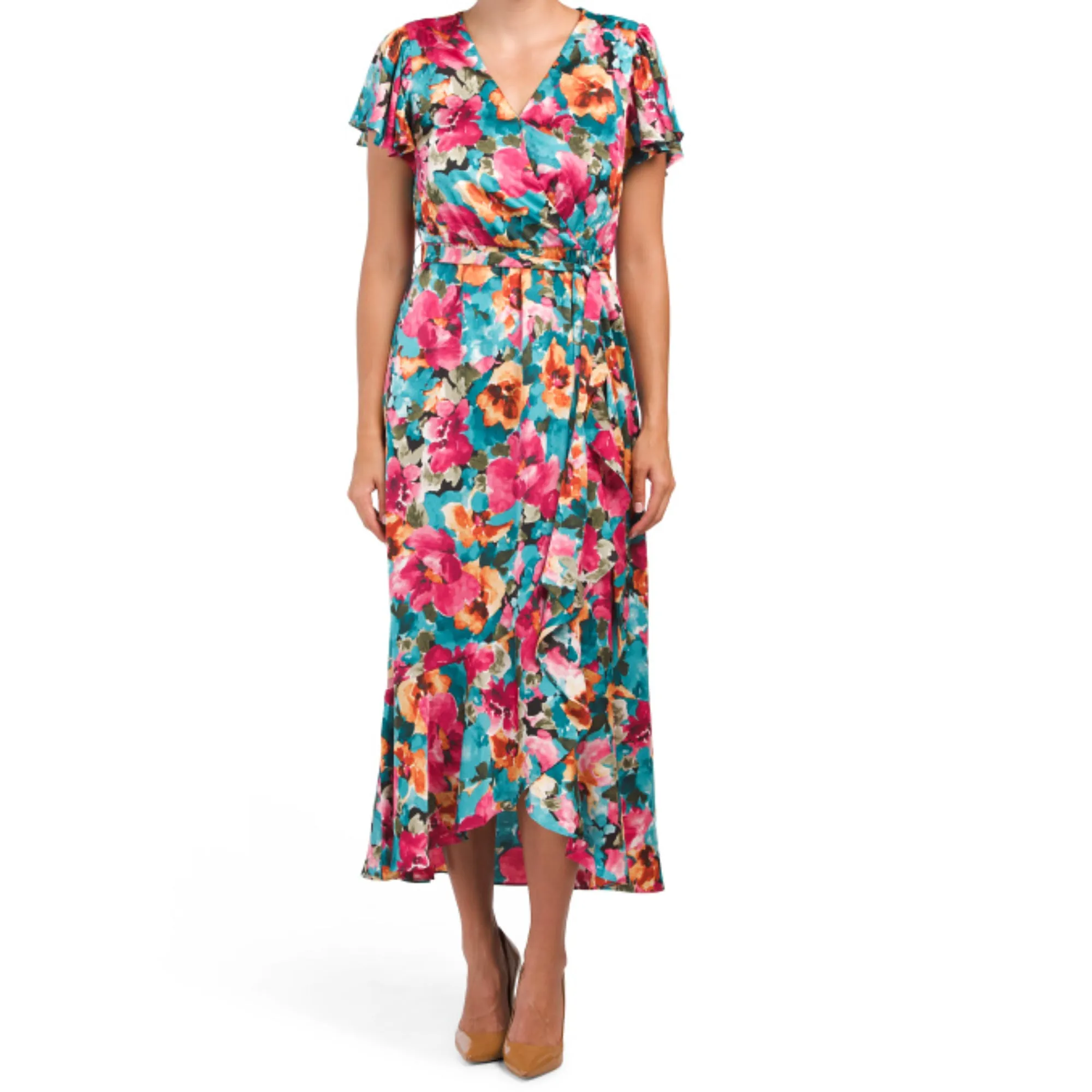 Nicole Miller Women's Floral Print Satin Asymmetrical Ruffle Front Wrap Midi Dress