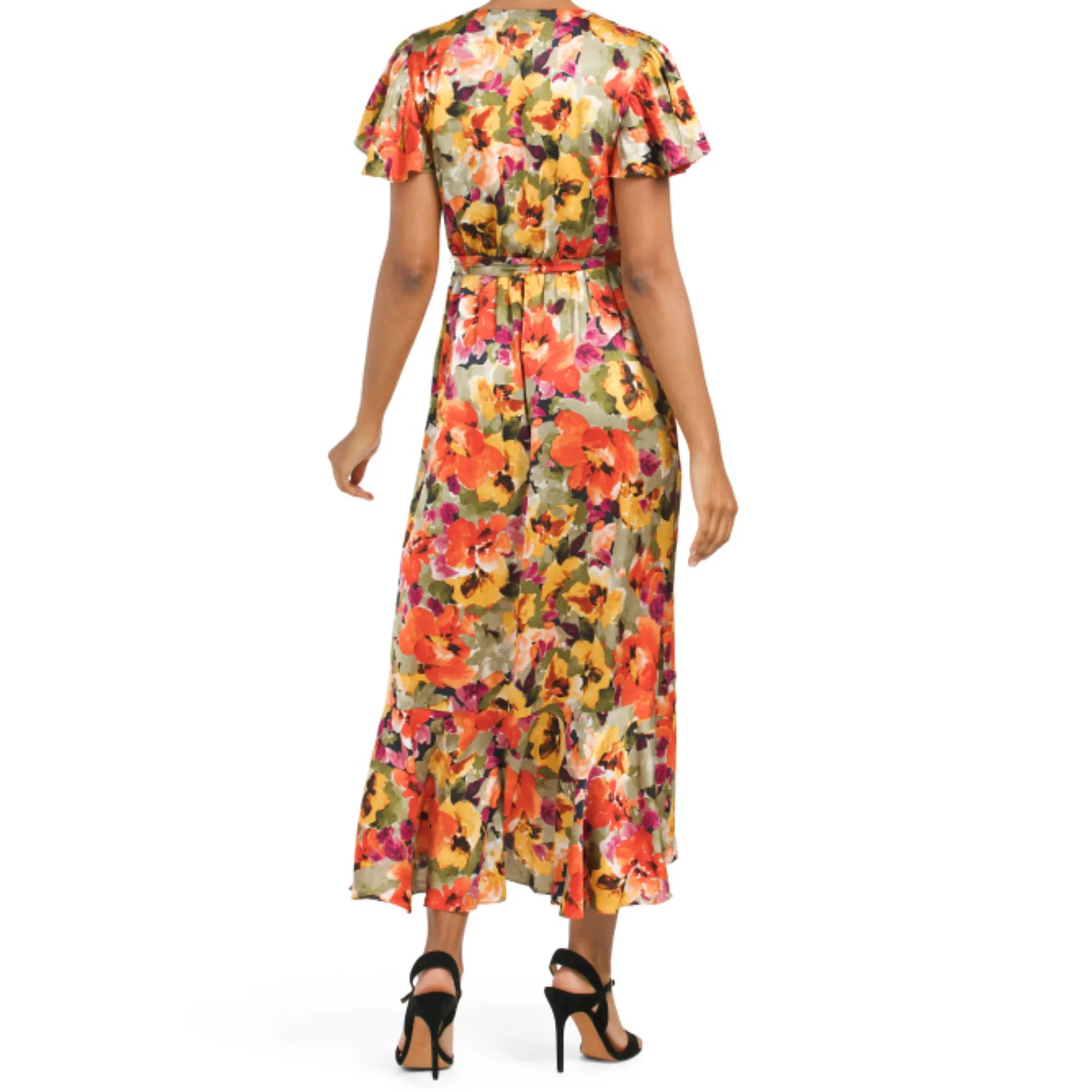 Nicole Miller Women's Floral Print Satin Asymmetrical Ruffle Front Wrap Midi Dress