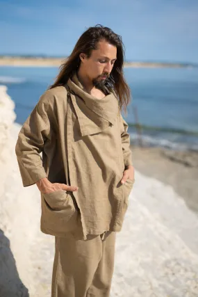 PAKEHA Olive Green Organic Hemp Top Shirt Collar Minimalist Herbal Dyed Pockets Festival Ceremony Ritual Sustainable Eco Friendly AJJAYA