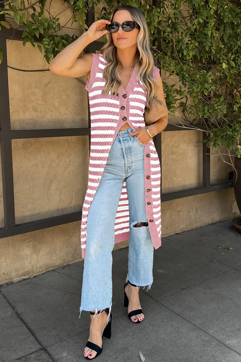 Pink Buttoned Front Sleeveless Pencil Midi Sweater Dress