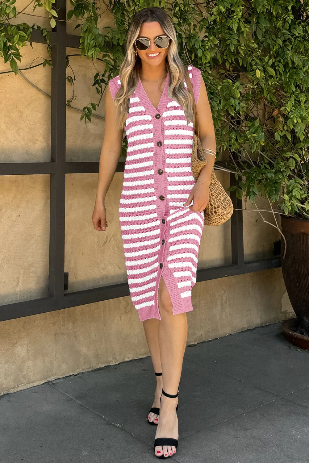 Pink Buttoned Front Sleeveless Pencil Midi Sweater Dress