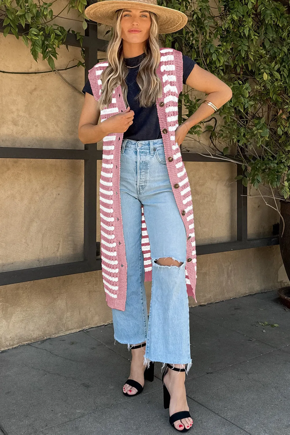 Pink Buttoned Front Sleeveless Pencil Midi Sweater Dress