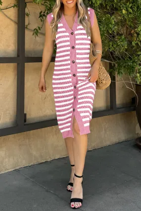 Pink Buttoned Front Sleeveless Pencil Midi Sweater Dress