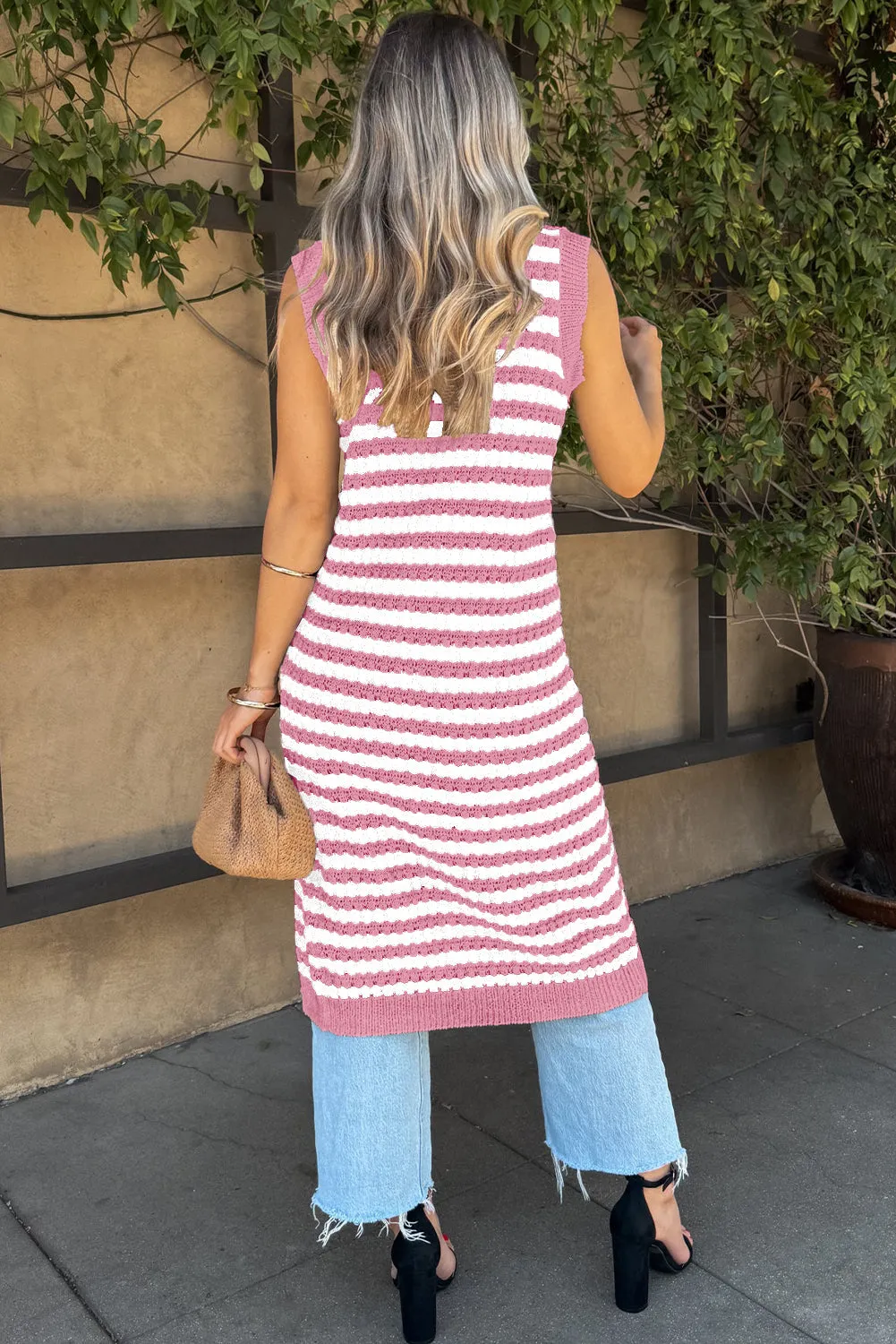 Pink Buttoned Front Sleeveless Pencil Midi Sweater Dress