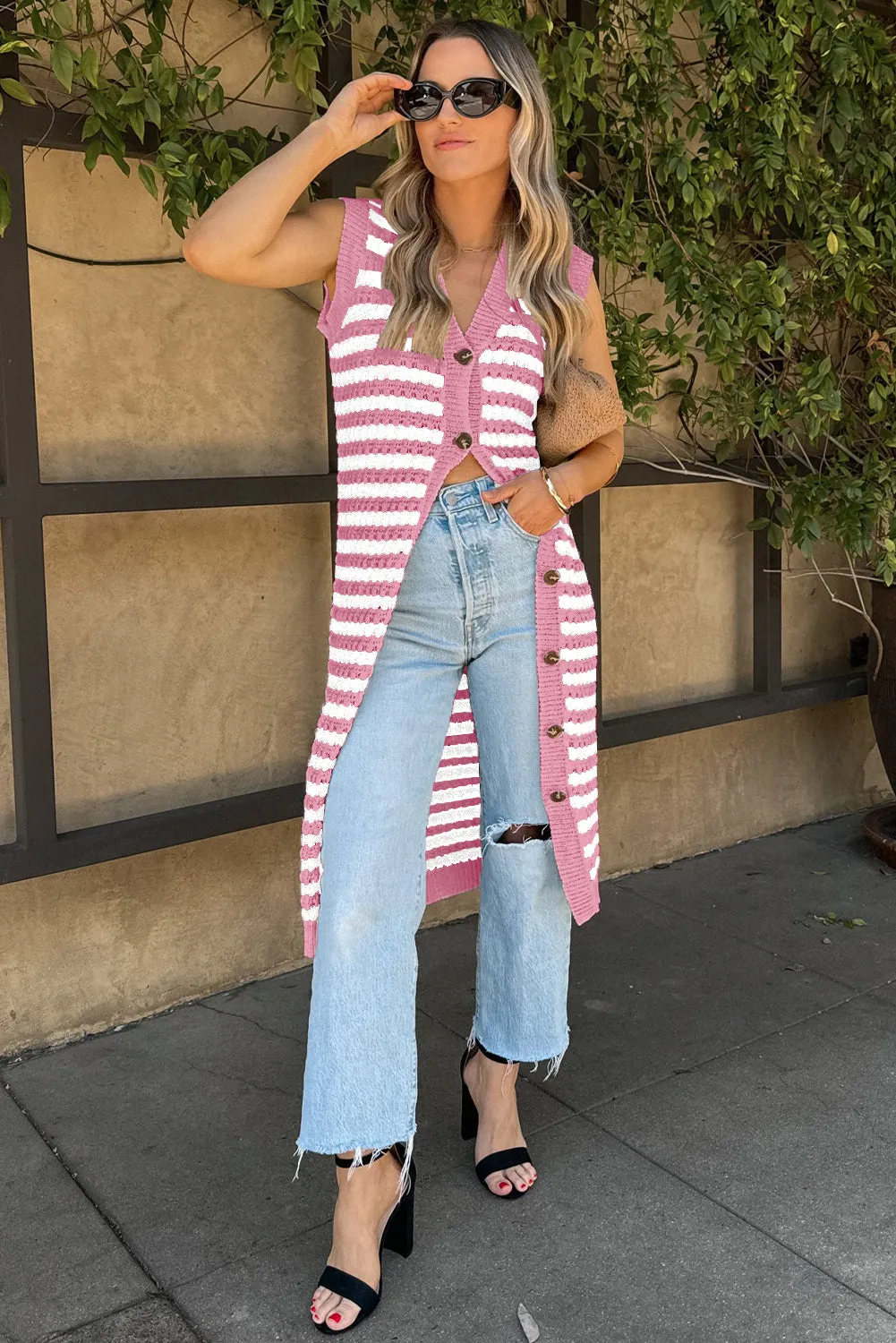 Pink Buttoned Front Sleeveless Pencil Midi Sweater Dress