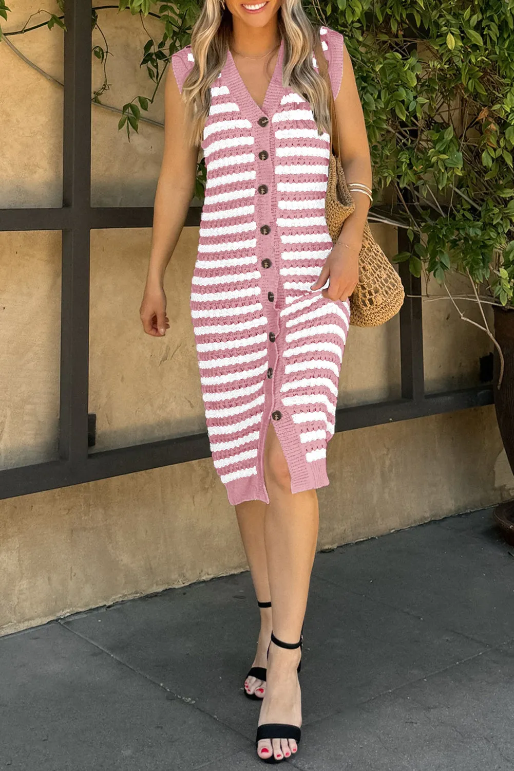 Pink Buttoned Front Sleeveless Pencil Midi Sweater Dress
