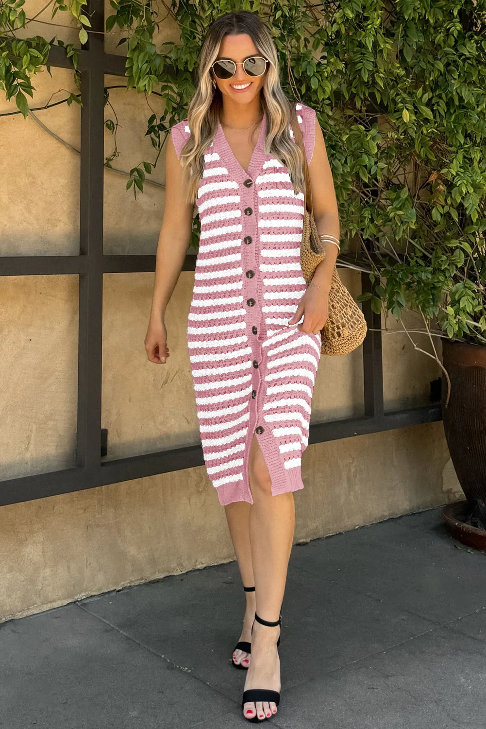 Pink Buttoned Front Sleeveless Pencil Midi Sweater Dress