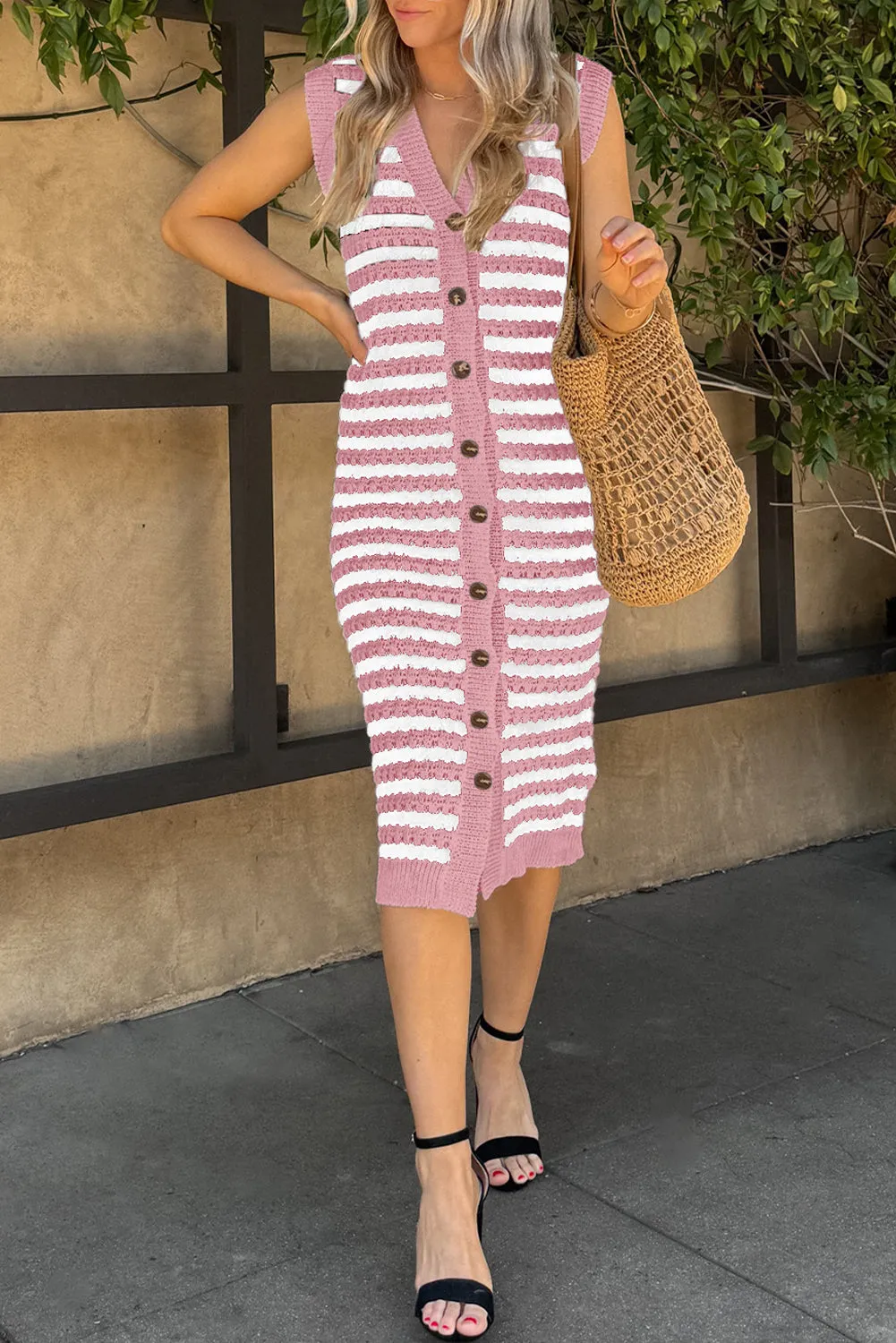 Pink Buttoned Front Sleeveless Pencil Midi Sweater Dress