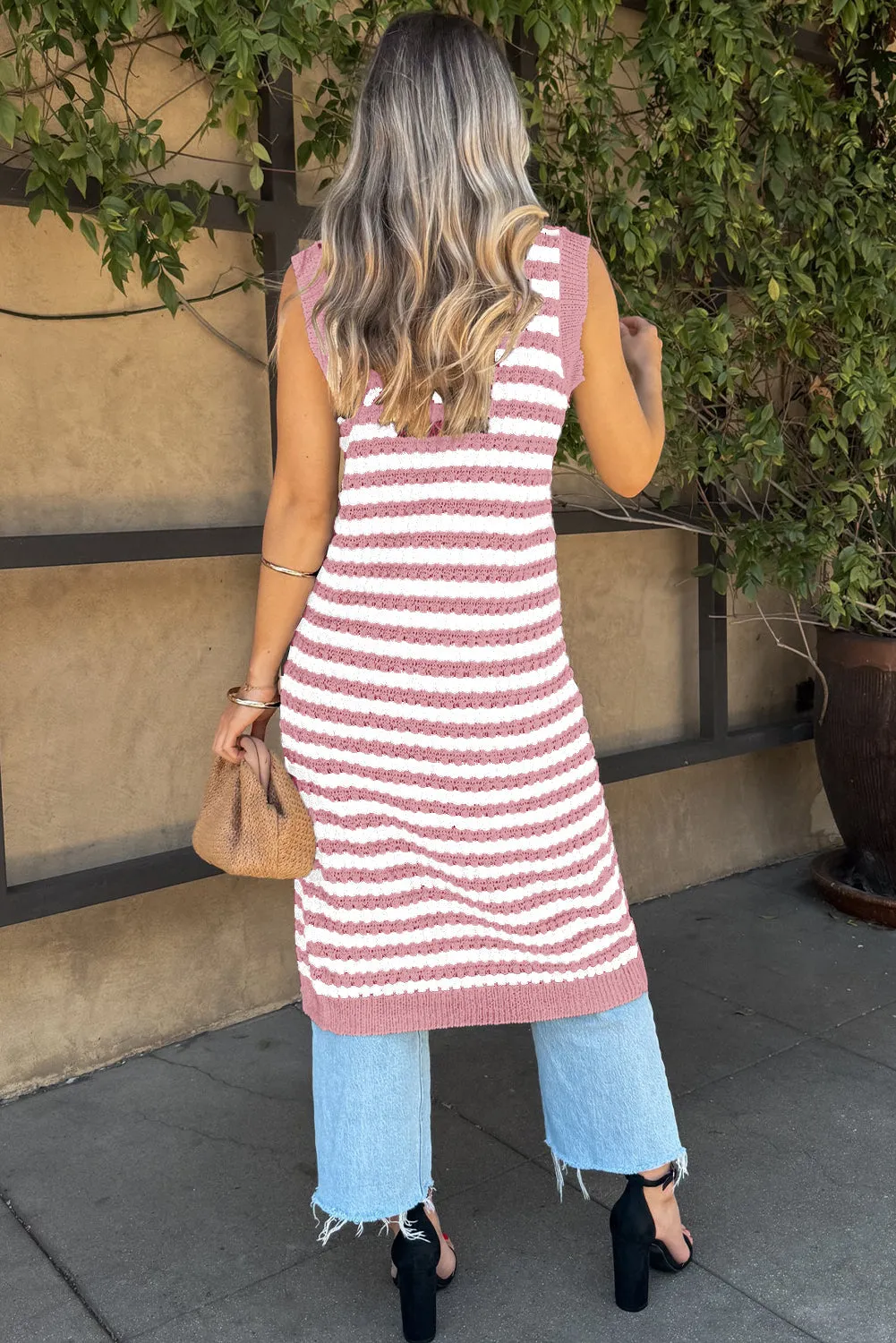 Pink Buttoned Front Sleeveless Pencil Midi Sweater Dress