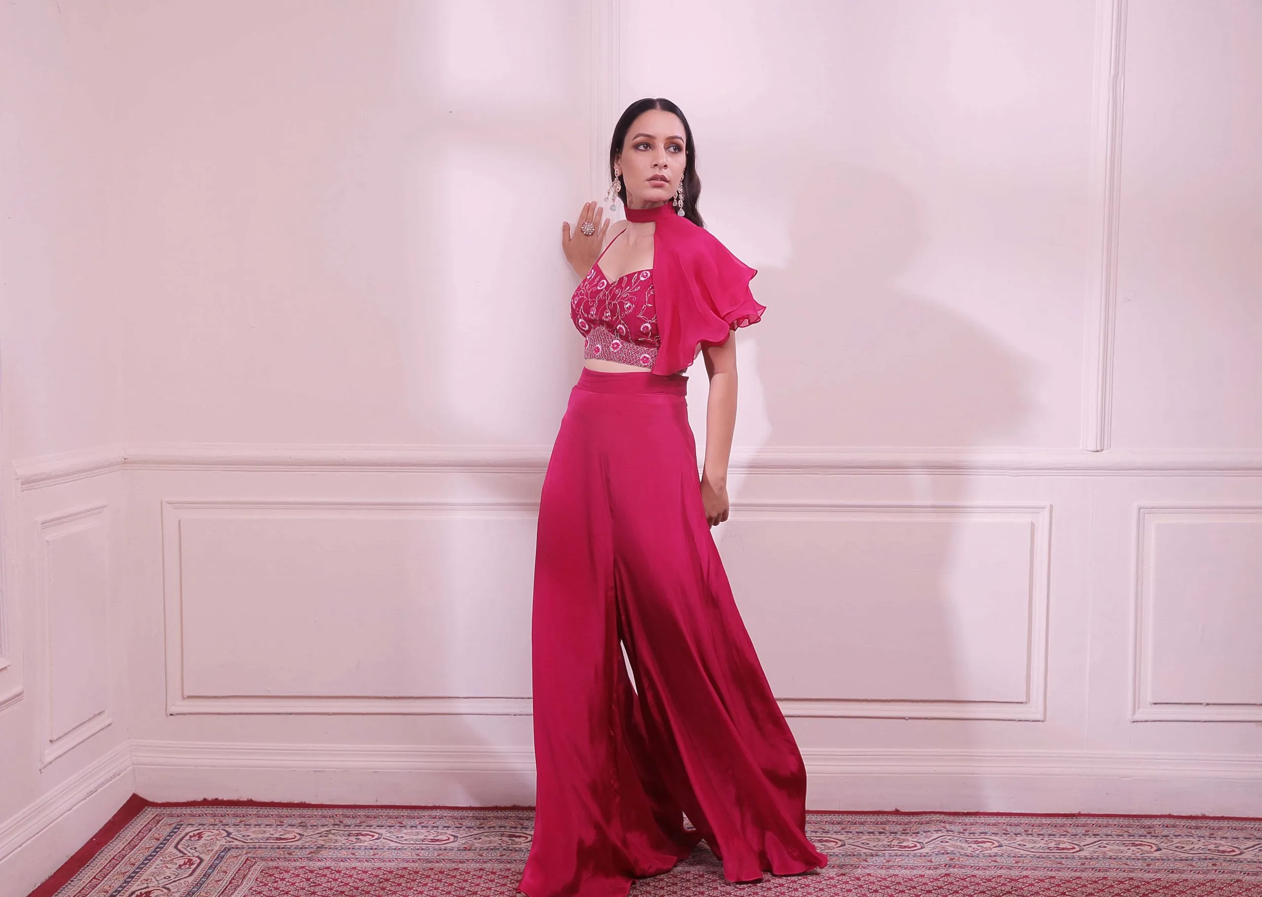 Pink sapphire top with flared pants
