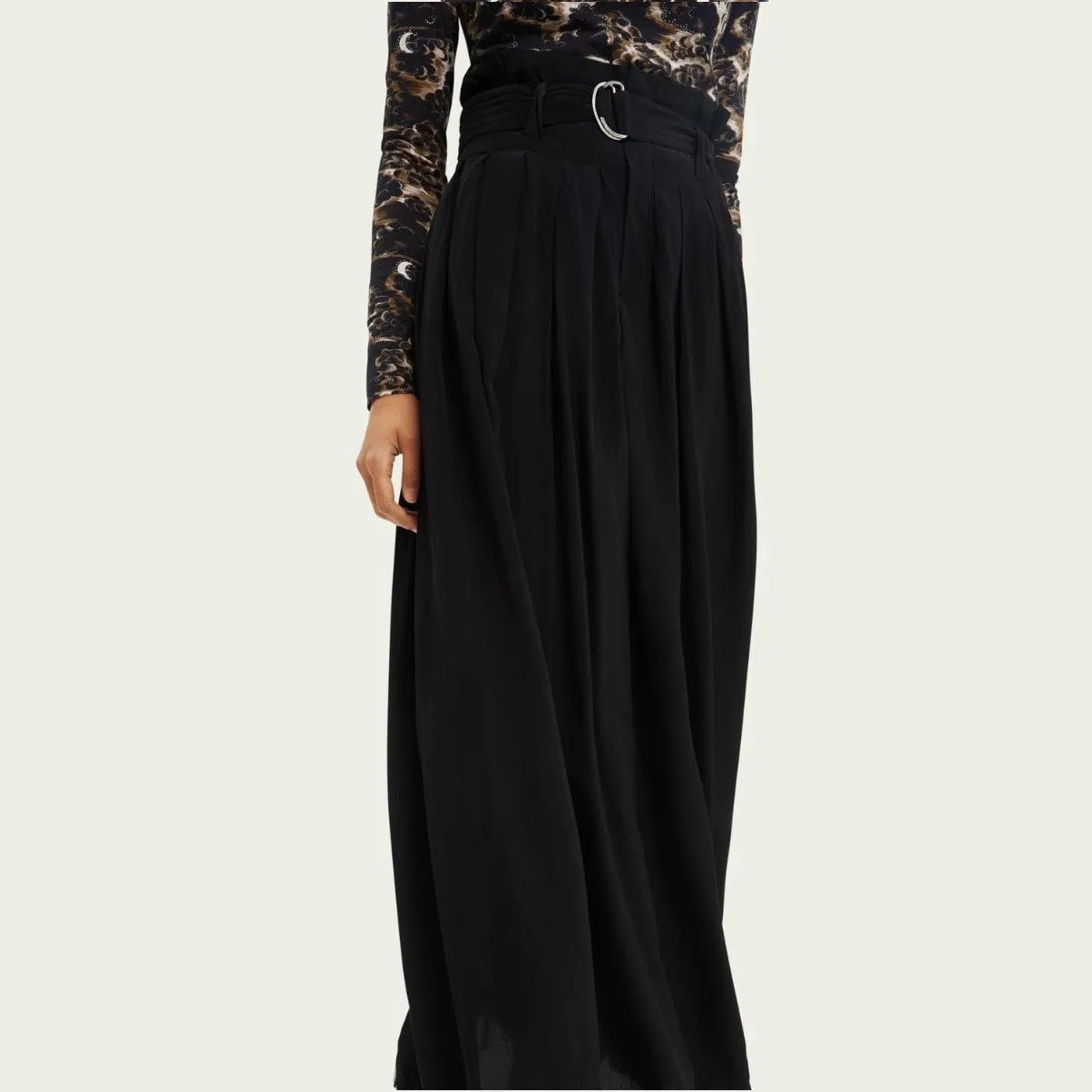 Pleated Belted Maxi-Length Skirt (Black)