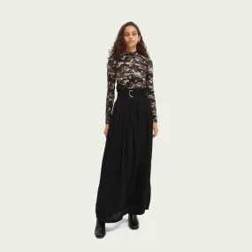 Pleated Belted Maxi-Length Skirt (Black)
