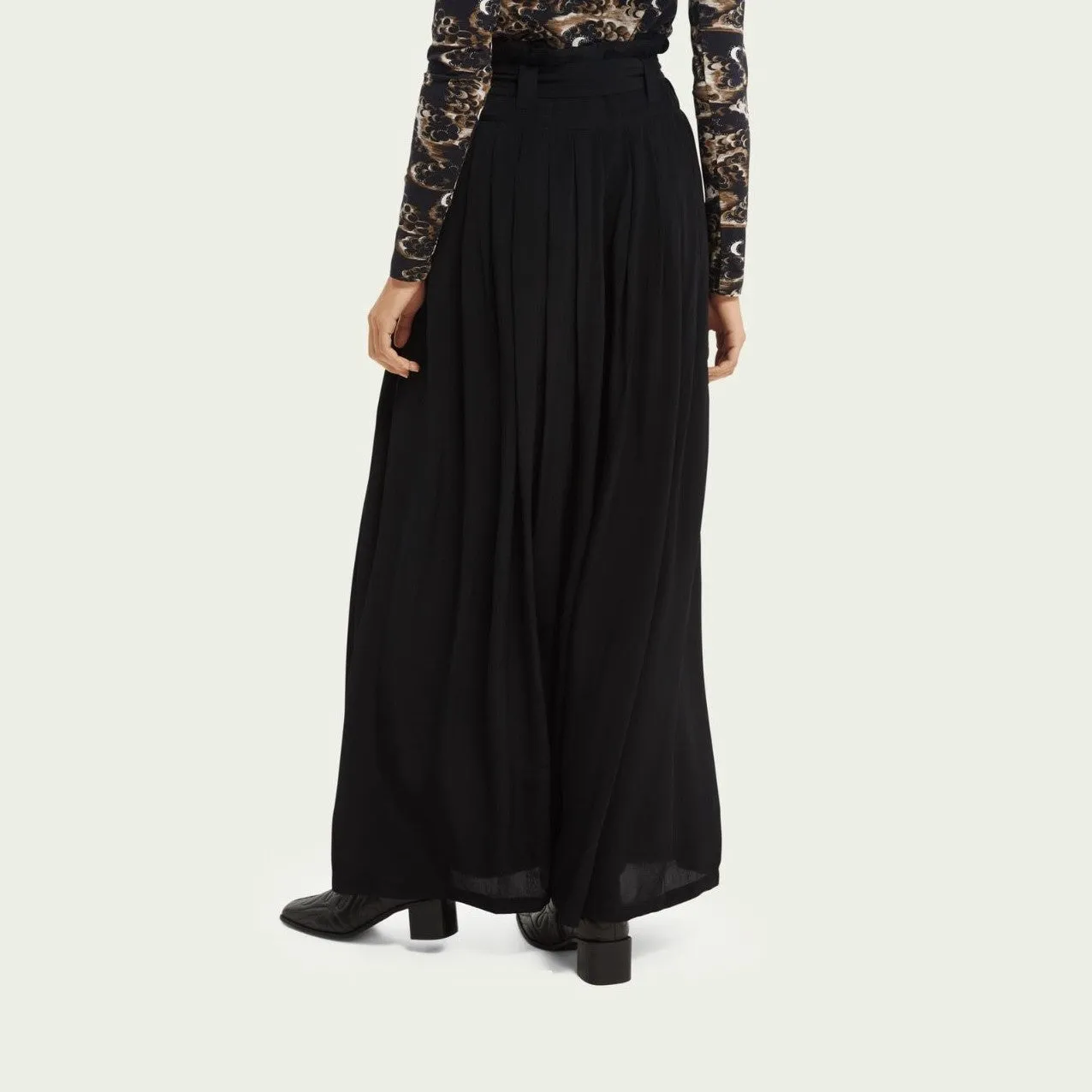 Pleated Belted Maxi-Length Skirt (Black)
