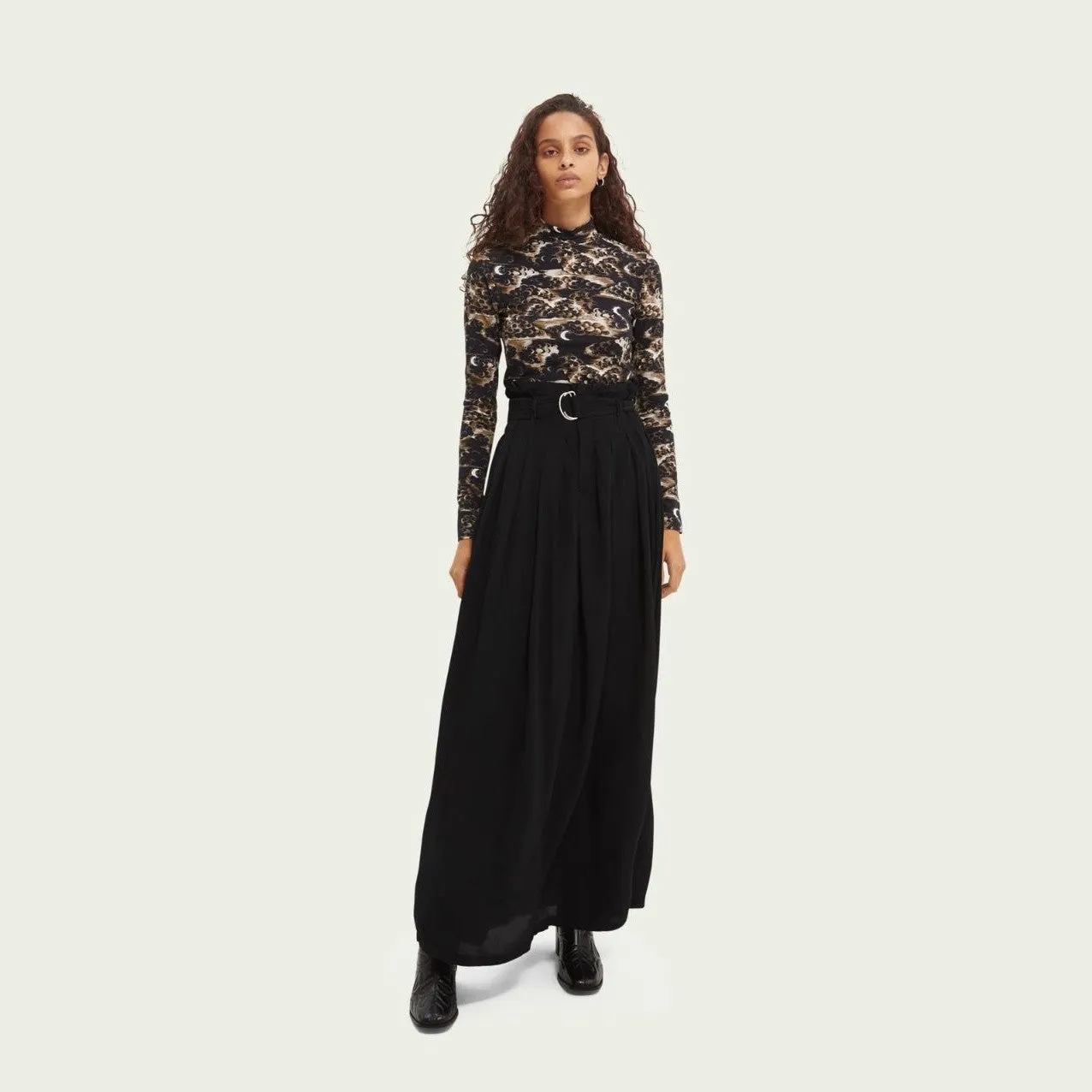 Pleated Belted Maxi-Length Skirt (Black)
