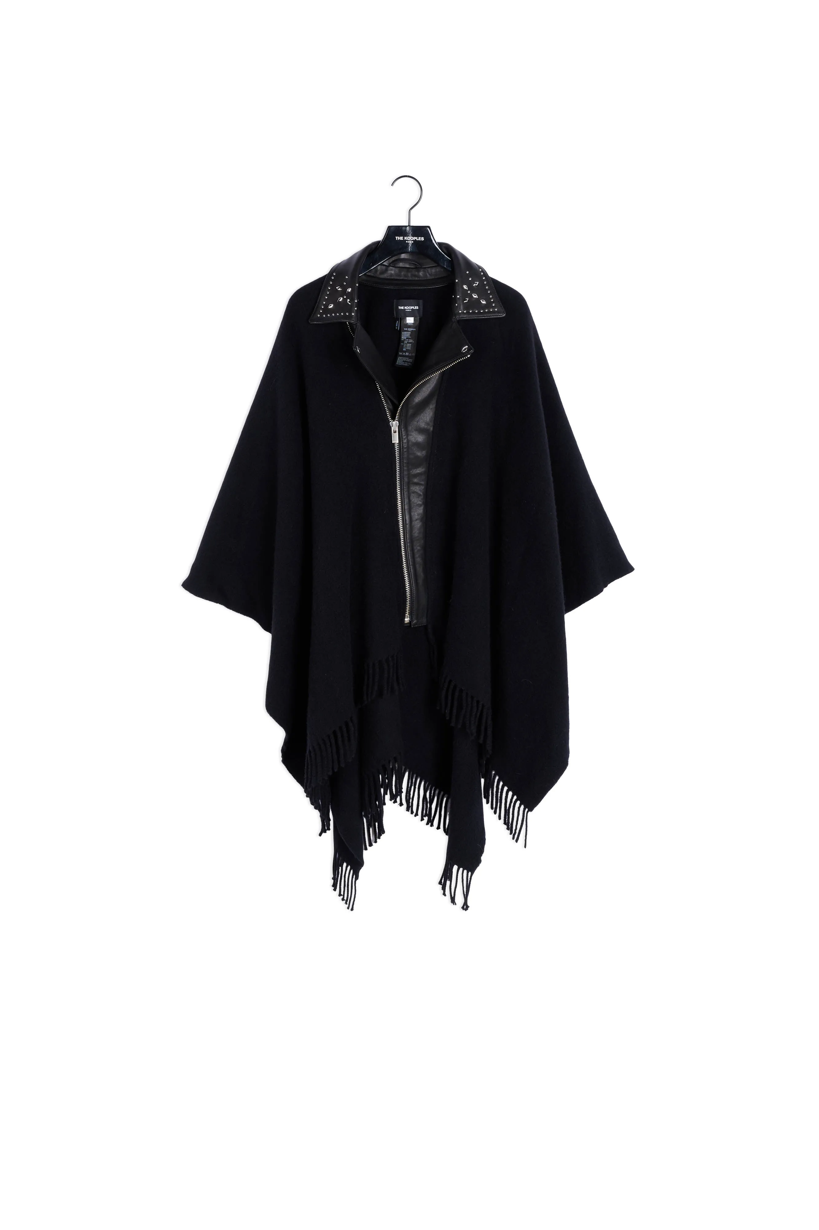 Poncho laine noir à franges col biker