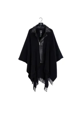 Poncho laine noir à franges col biker