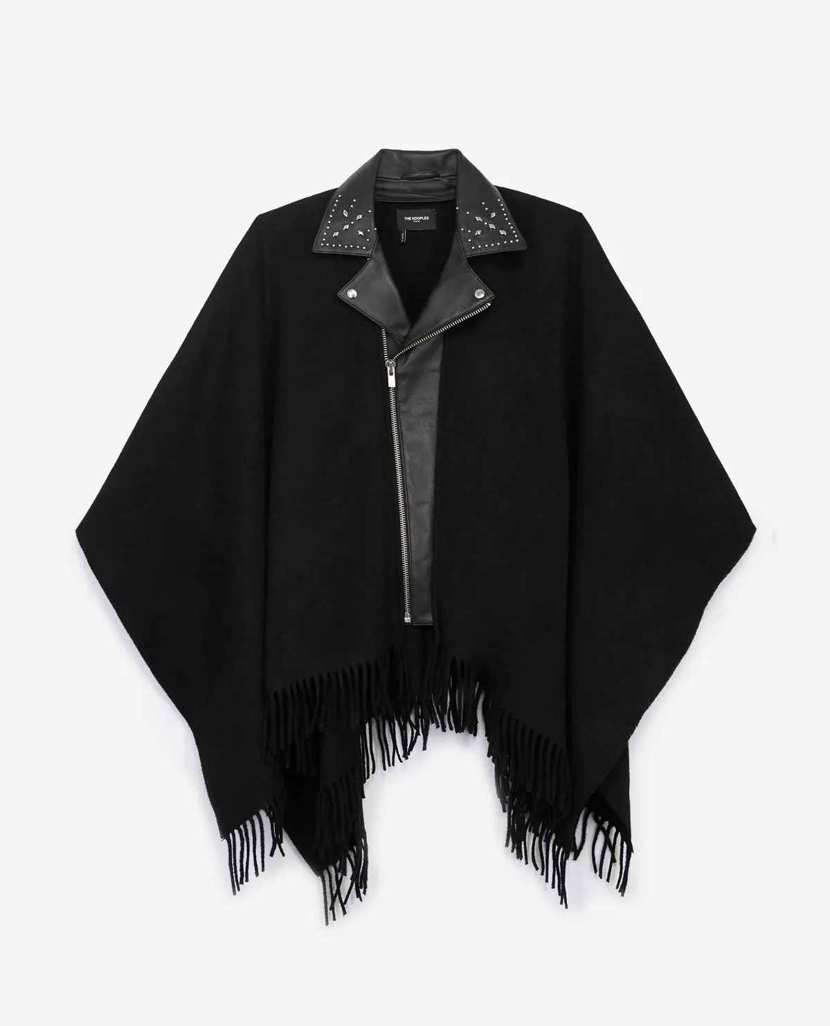 Poncho laine noir à franges col biker