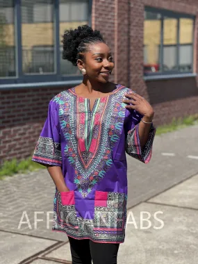 Purple with gold effect Dashiki Shirt / Dashiki Dress - African print top - Unisex - Vlisco