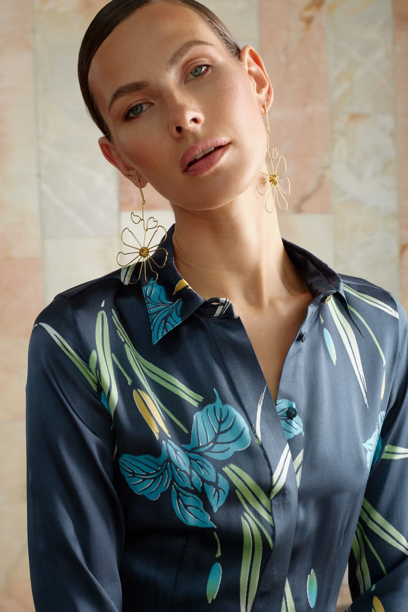 RAQUEL floral silk midi shirt dress
