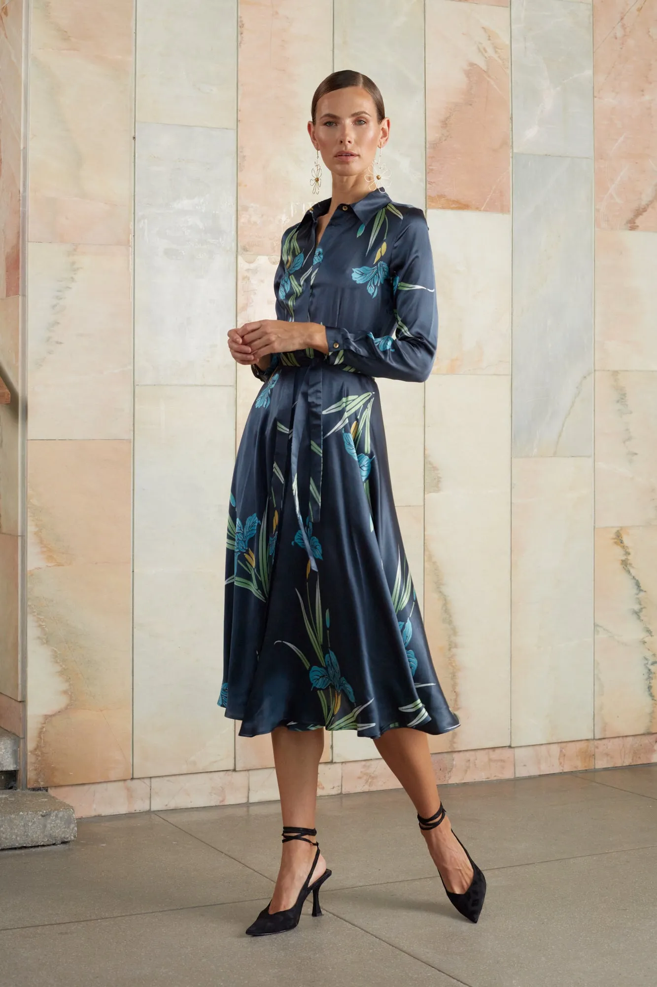 RAQUEL floral silk midi shirt dress