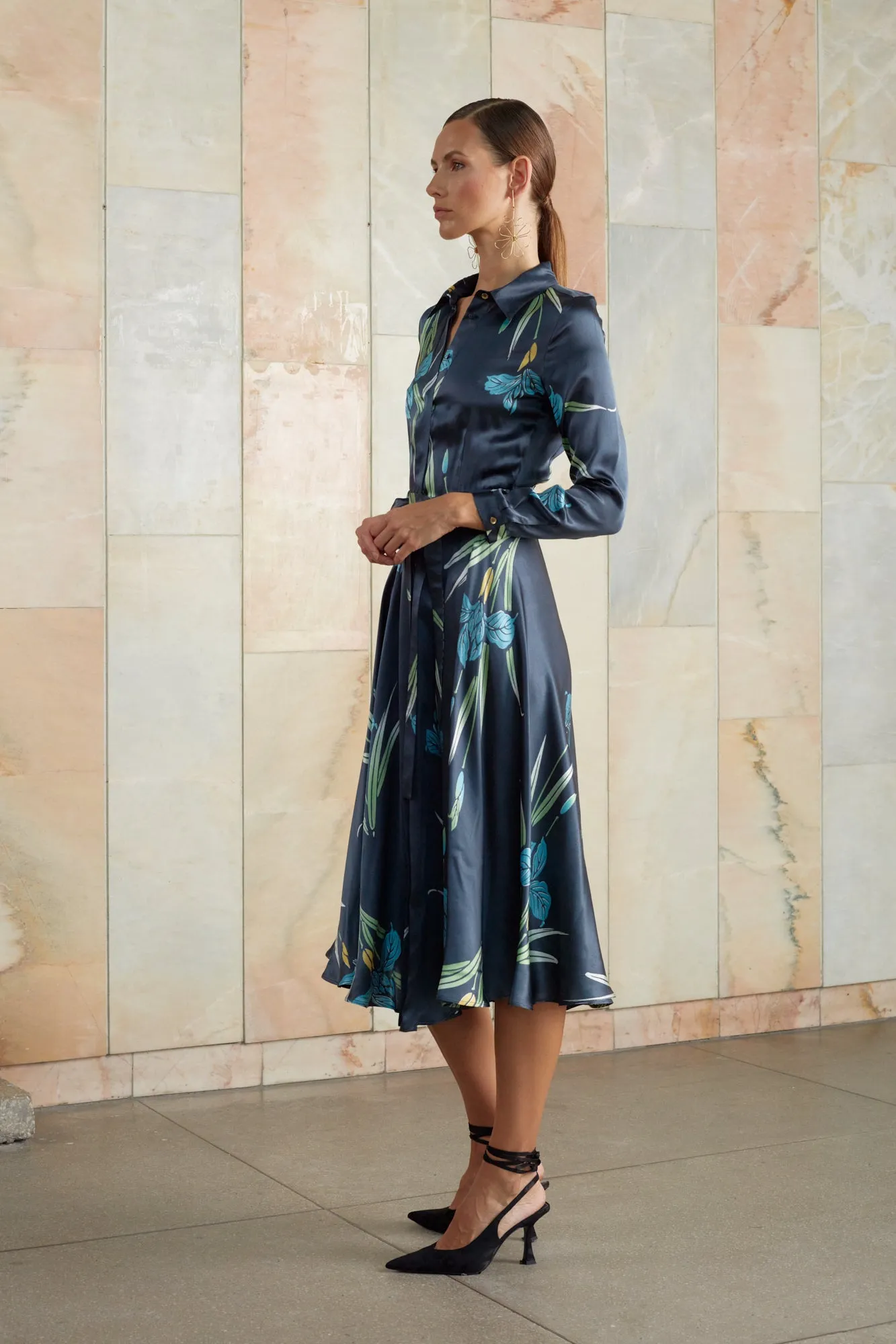 RAQUEL floral silk midi shirt dress