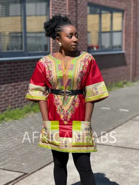 Red Dashiki Shirt / Dashiki Dress - African print top - Unisex - Vlisco