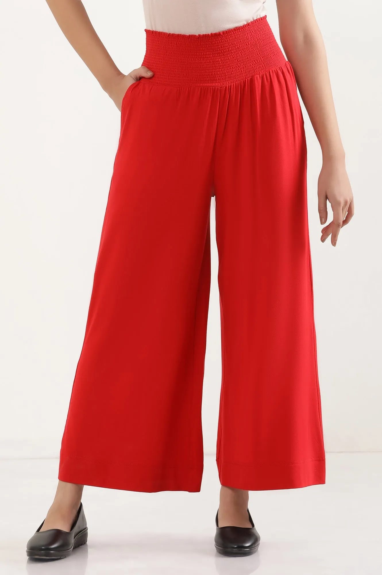 Red Flared Pants with Smoked Waistbelt
