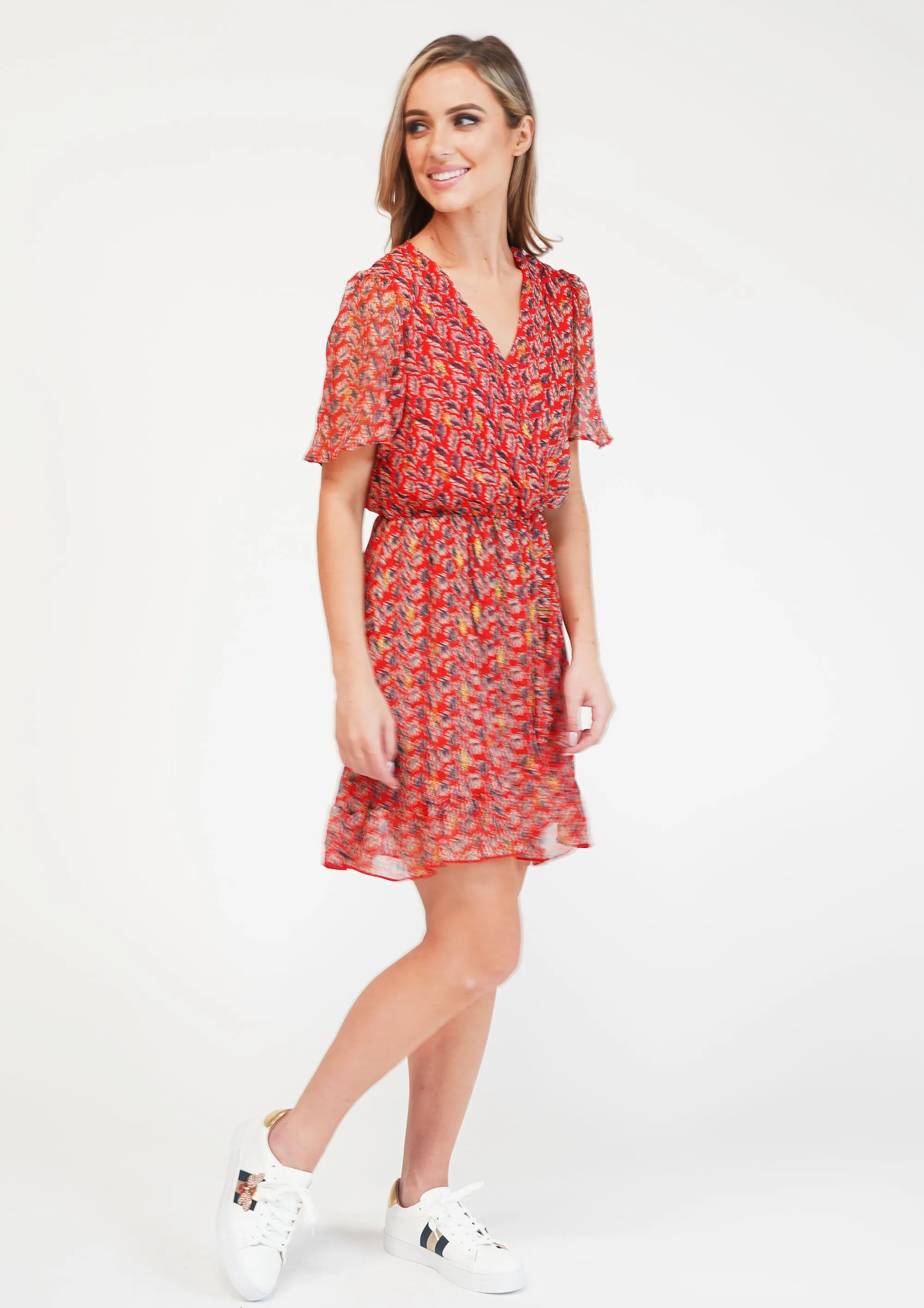 Red Printed Faux Wrap Dress