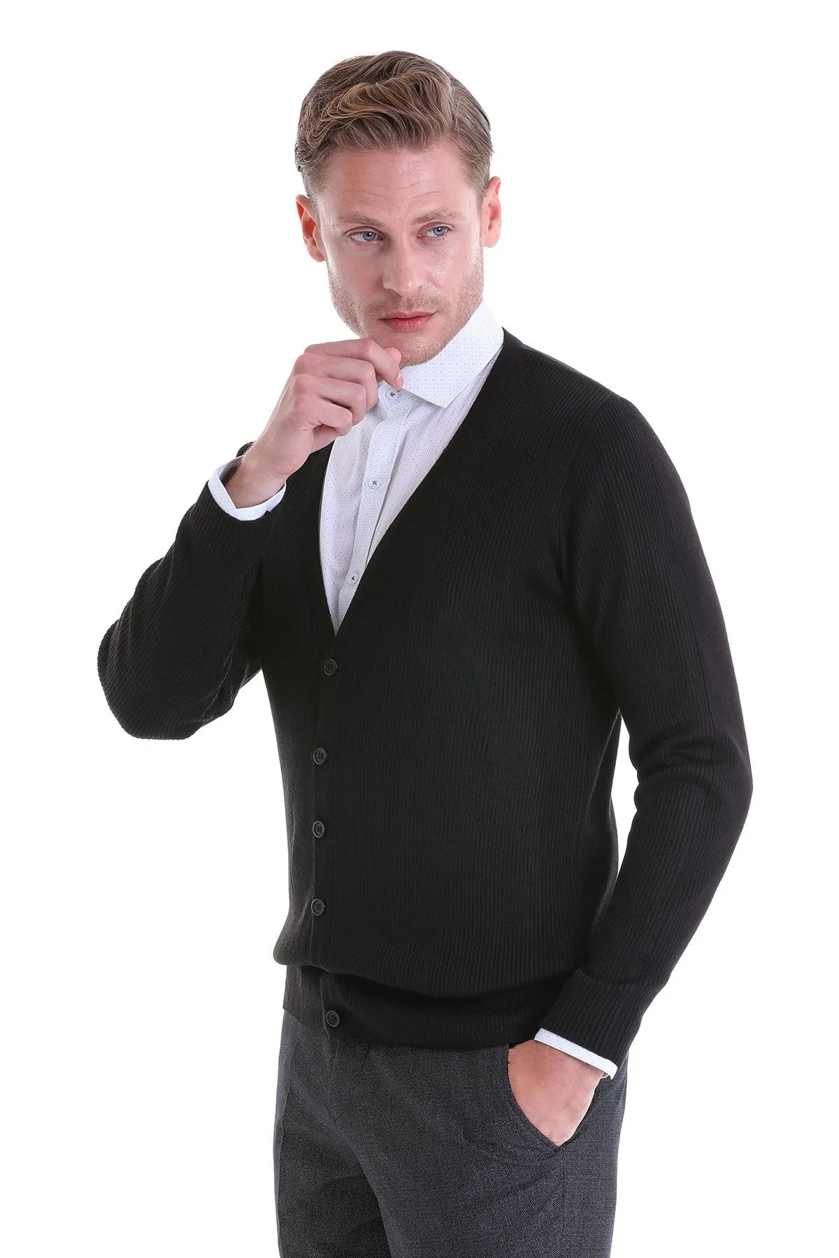 Regular Fit Black Wool Blend Cardigan