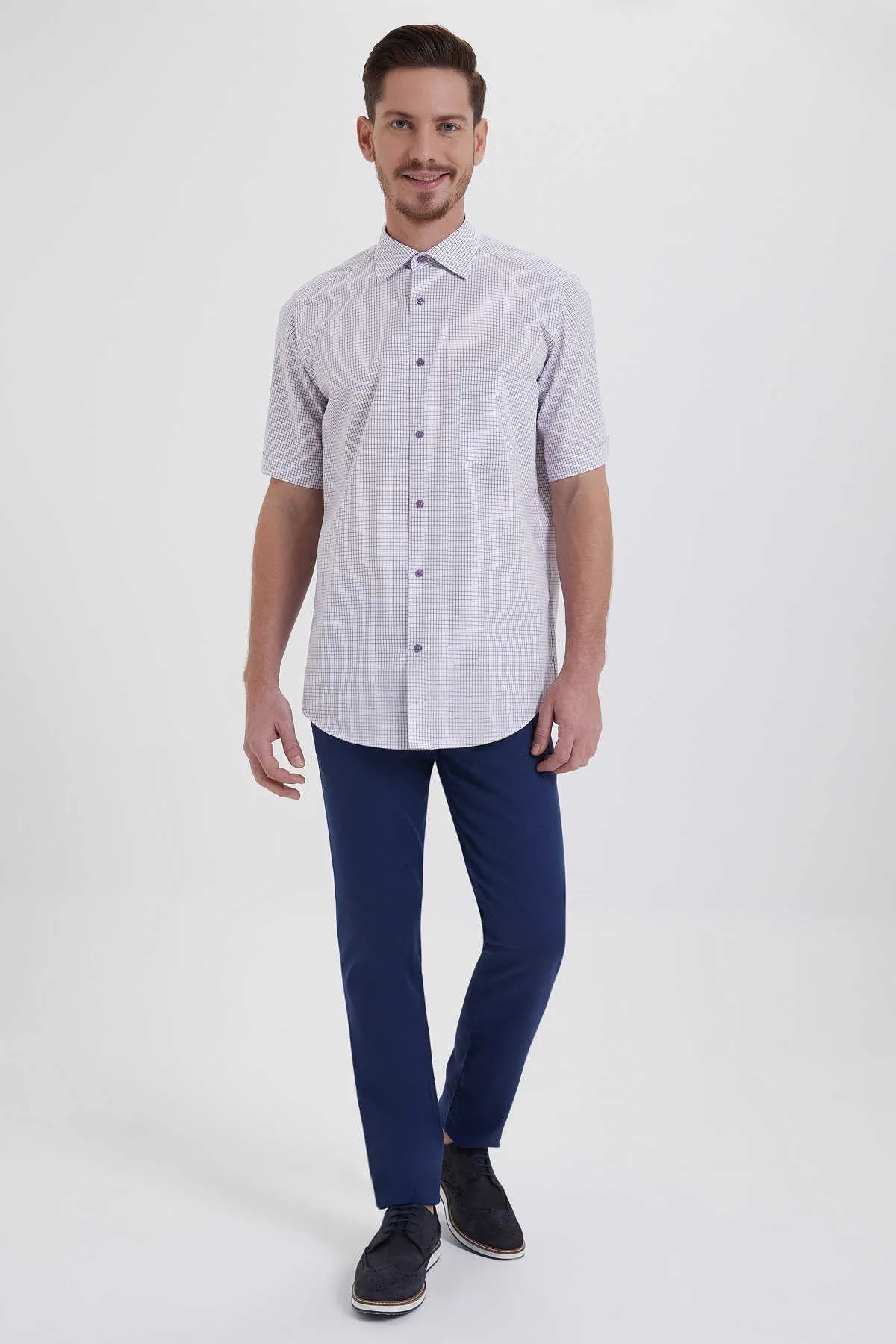 Regular Fit Plaid Cotton Purple Dress Shirt
