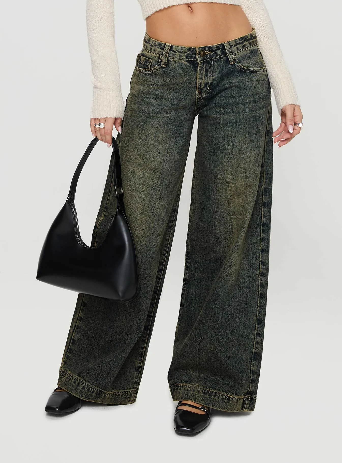 Ribbon Stamp Wide Leg Jeans Antique Wash Petite