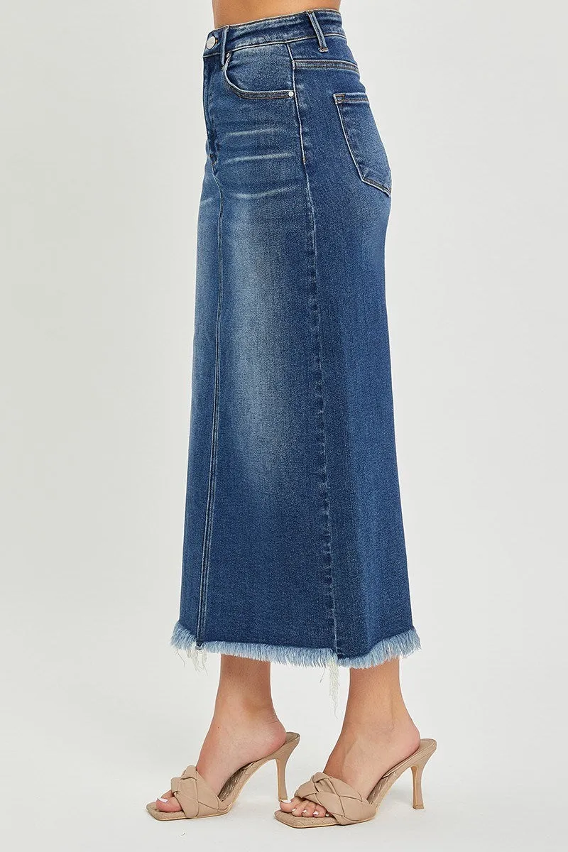 Risen Dark High Rise Frayed Hem Long Pencil Skirt