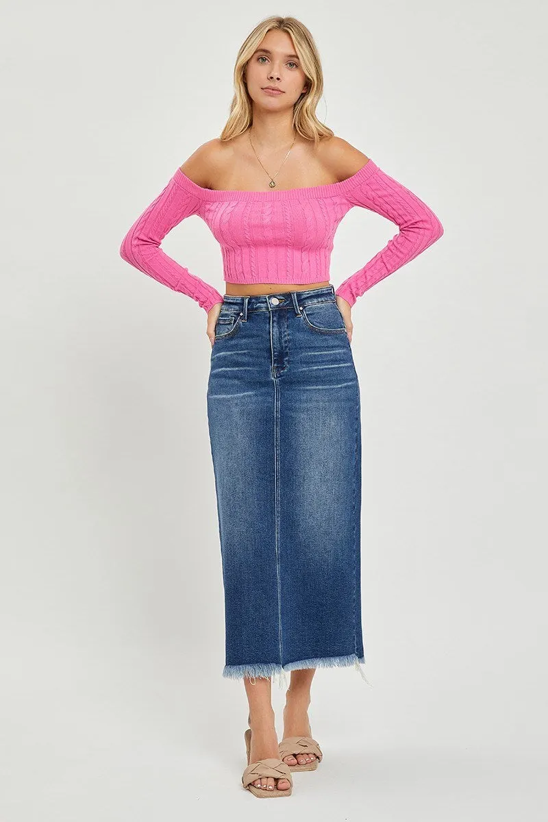 Risen Dark High Rise Frayed Hem Long Pencil Skirt